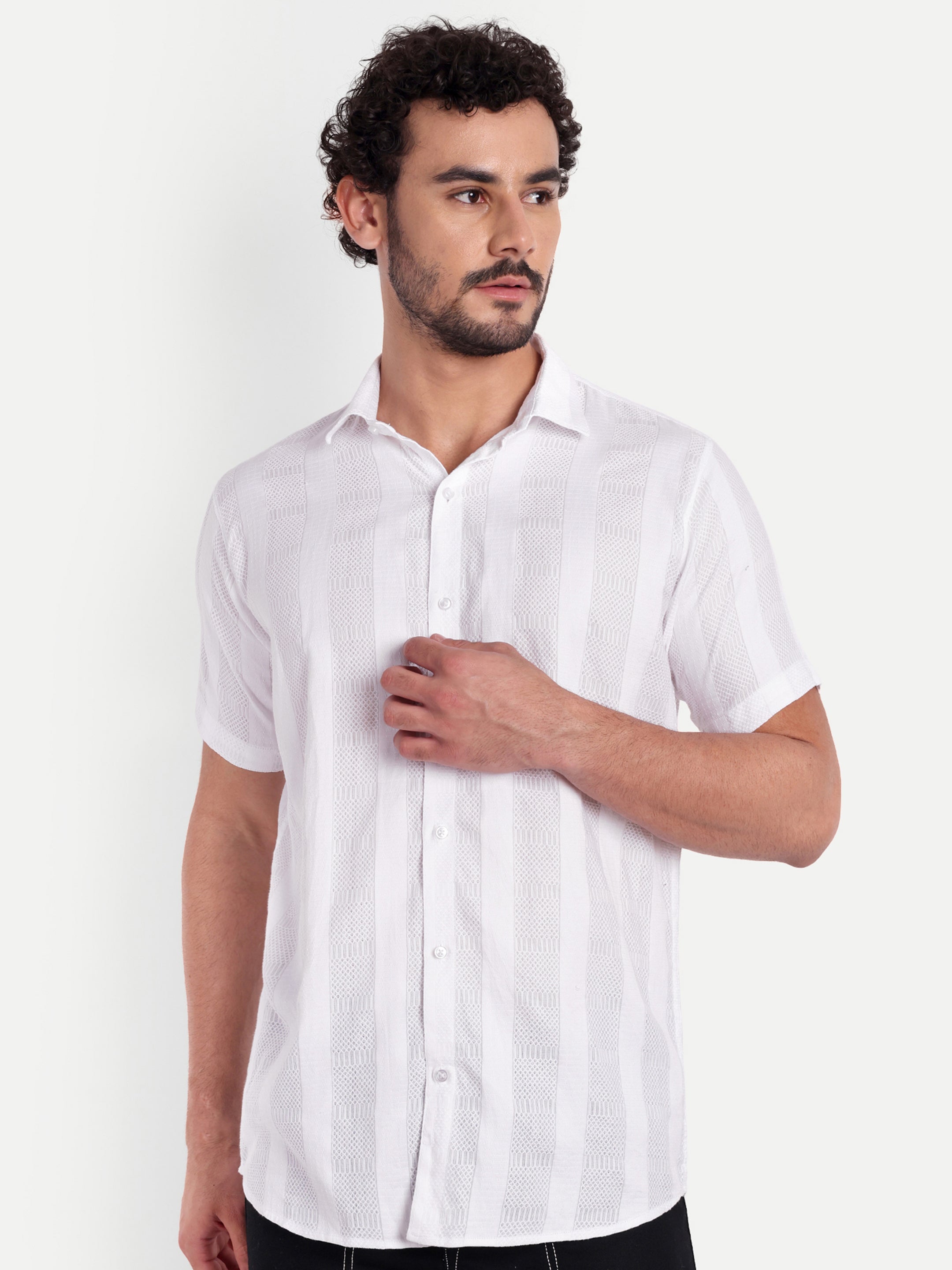 White Textured Lining Half Shirt