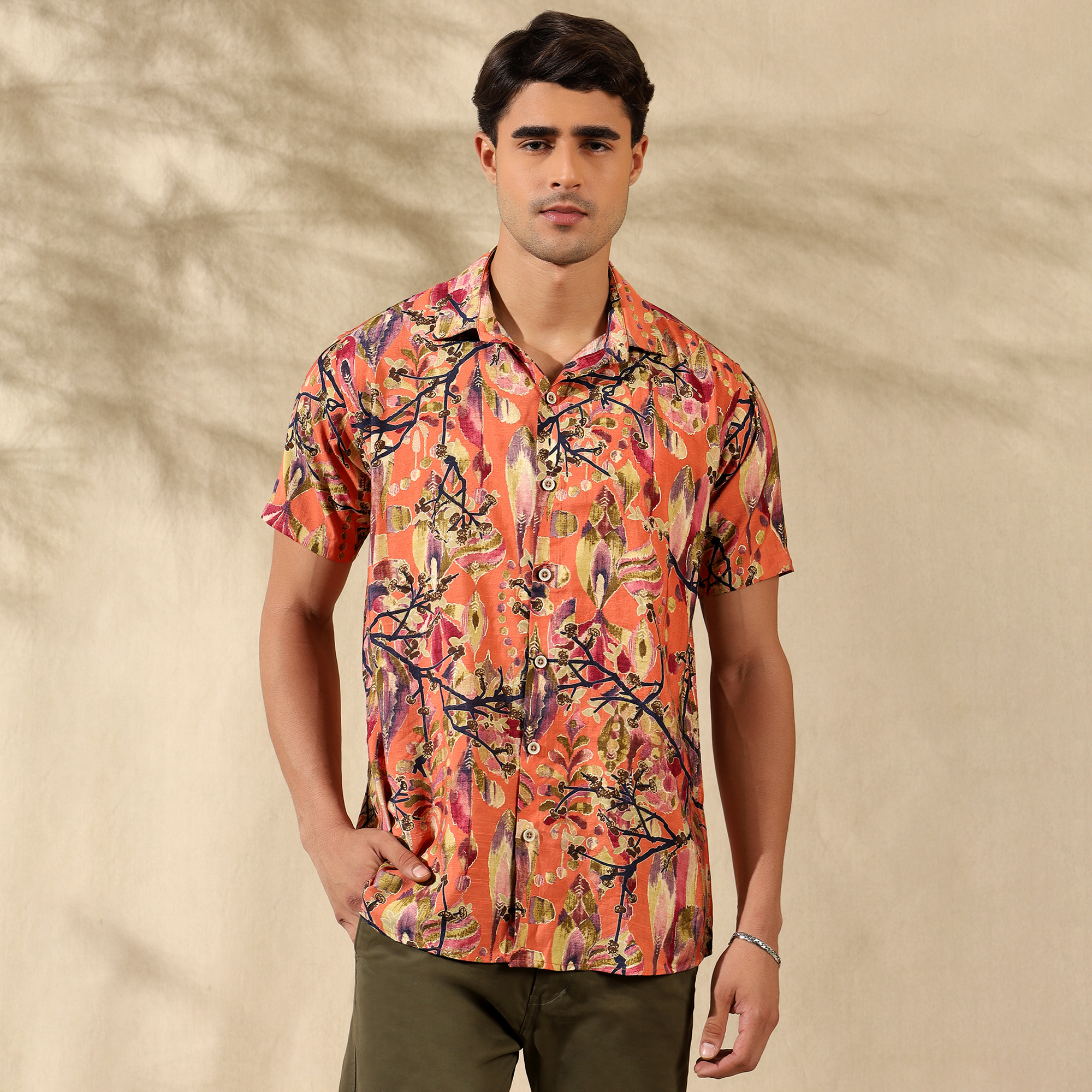 ORANGE HALF CASUAL PRINTED COTTON SHIRT REGULAR FIT FOR MEN