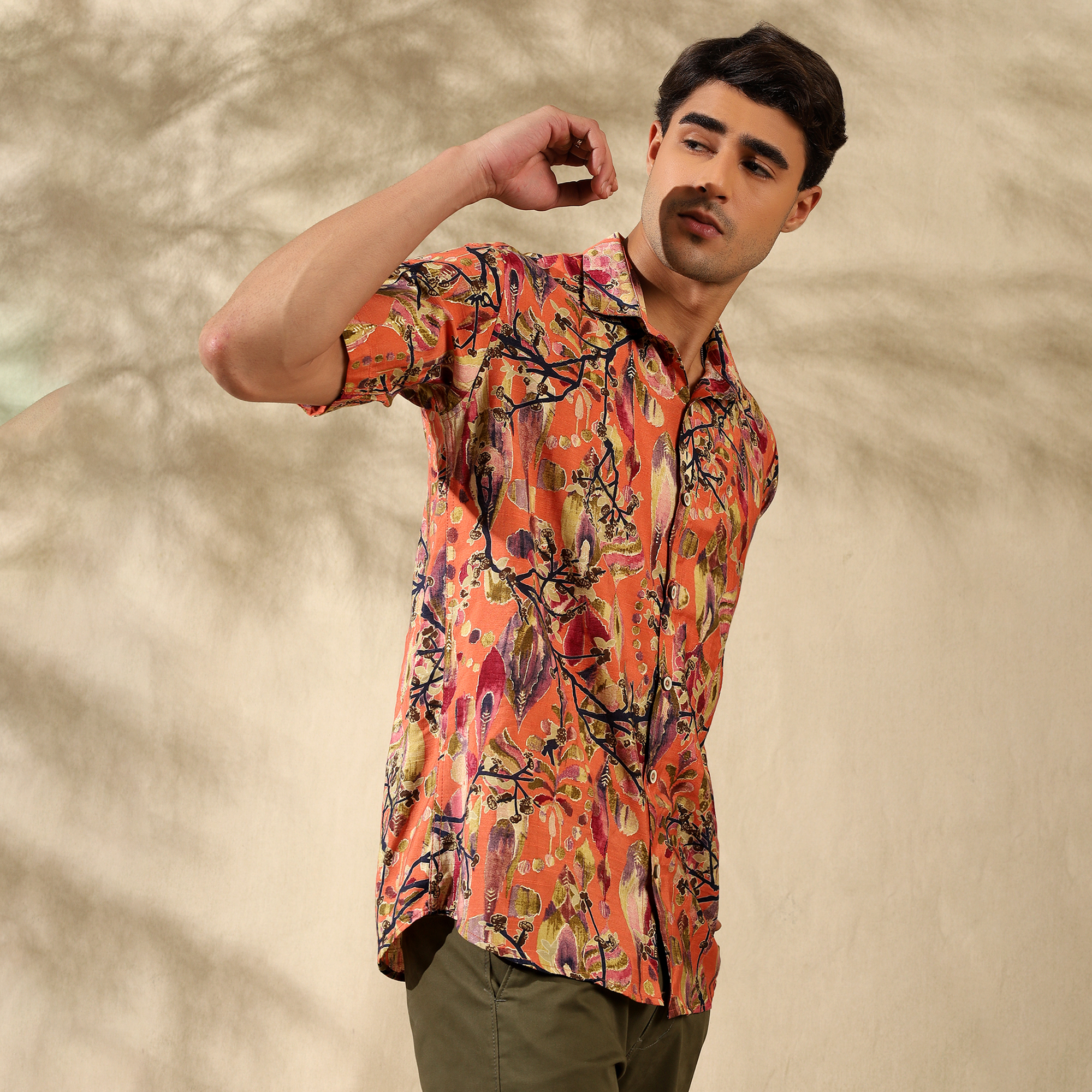 ORANGE HALF CASUAL PRINTED COTTON SHIRT REGULAR FIT FOR MEN