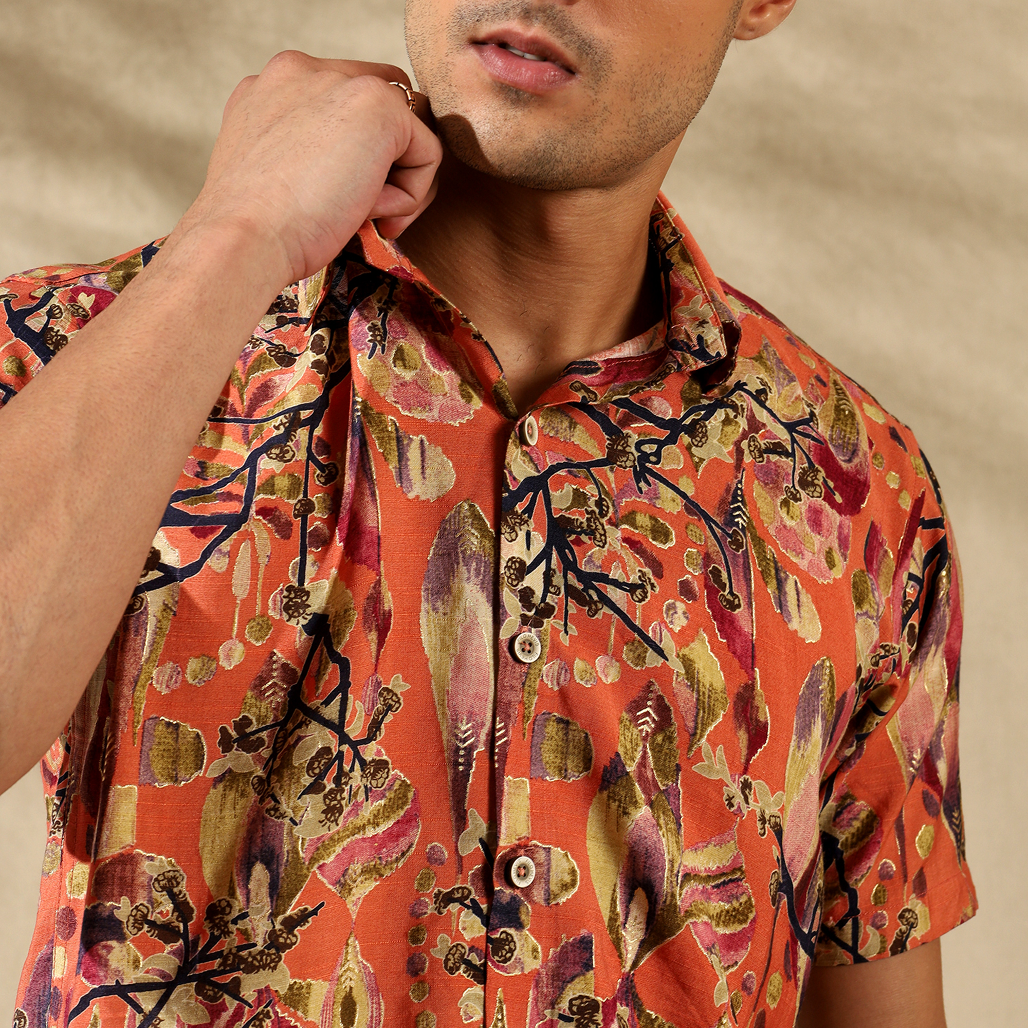 ORANGE HALF CASUAL PRINTED COTTON SHIRT REGULAR FIT FOR MEN