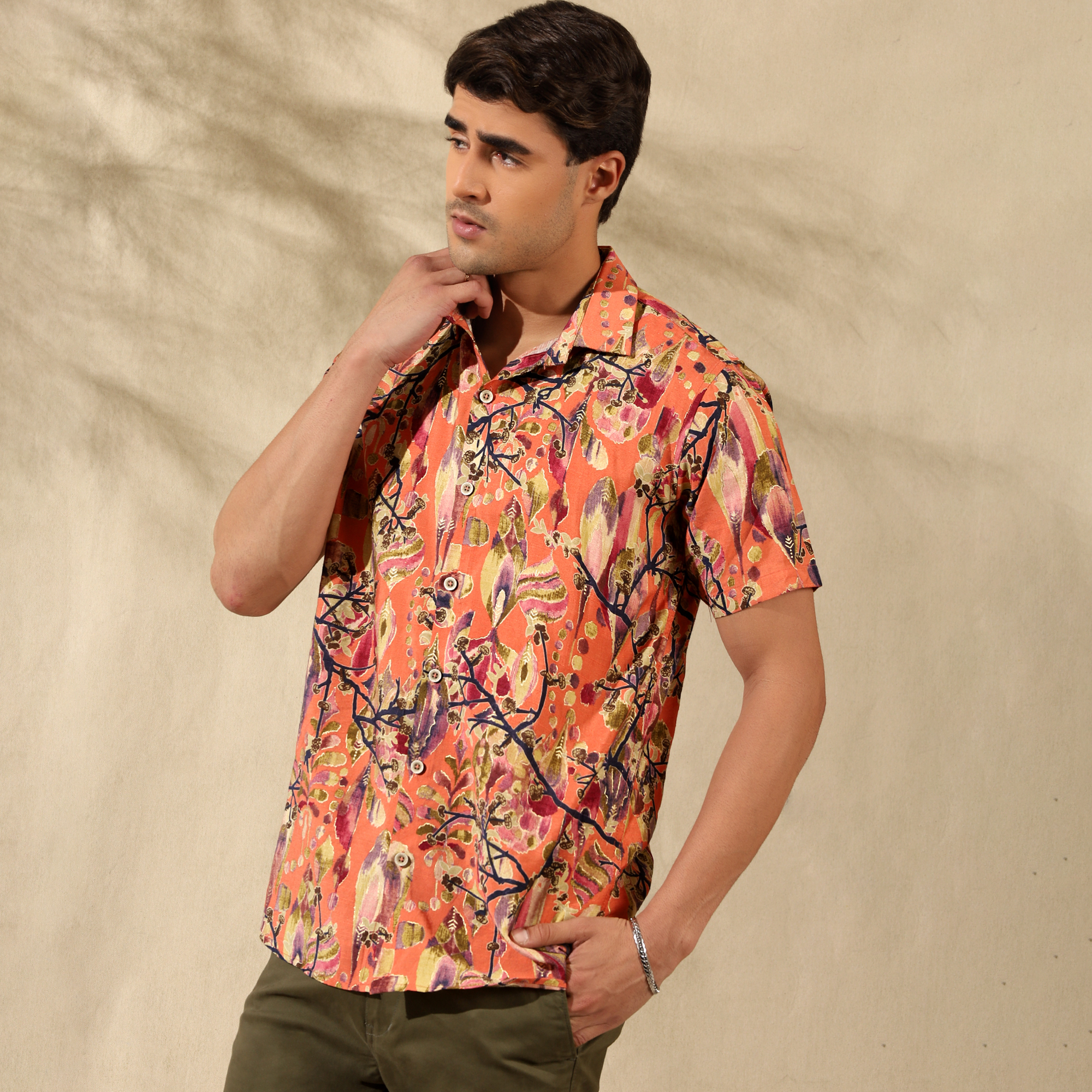 ORANGE HALF CASUAL PRINTED COTTON SHIRT REGULAR FIT FOR MEN