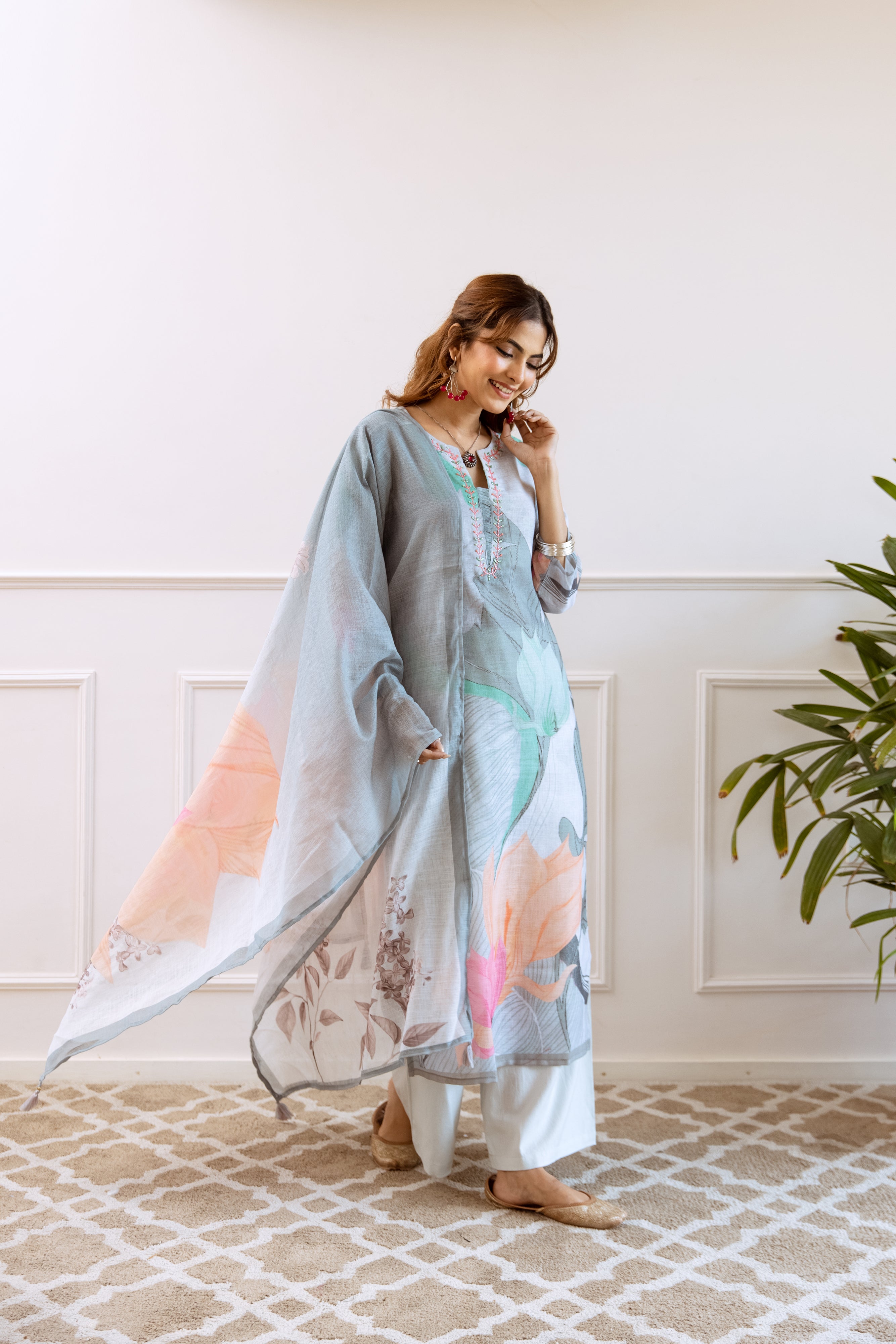 FLORAL PRINTED LINEN STRAIGHT KURTA SET WITH DUPATTA | THREE-PIECE ETHNIC WEAR FOR WOMEN | PLUS SIZE AVAILABLE-Grey Green