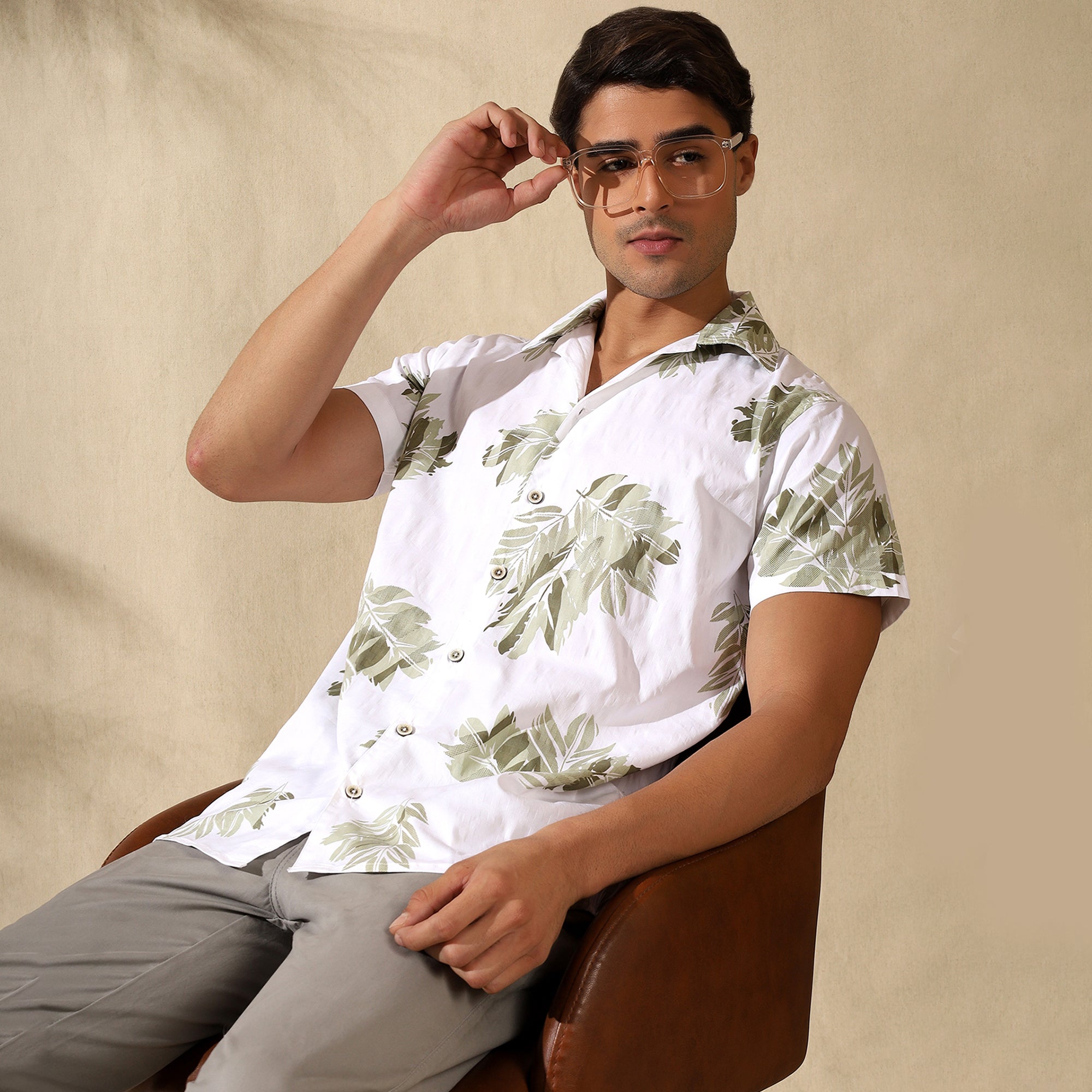 GREEN HALF CASUAL PRINTED COTTON SHIRT REGULAR FIT FOR MEN