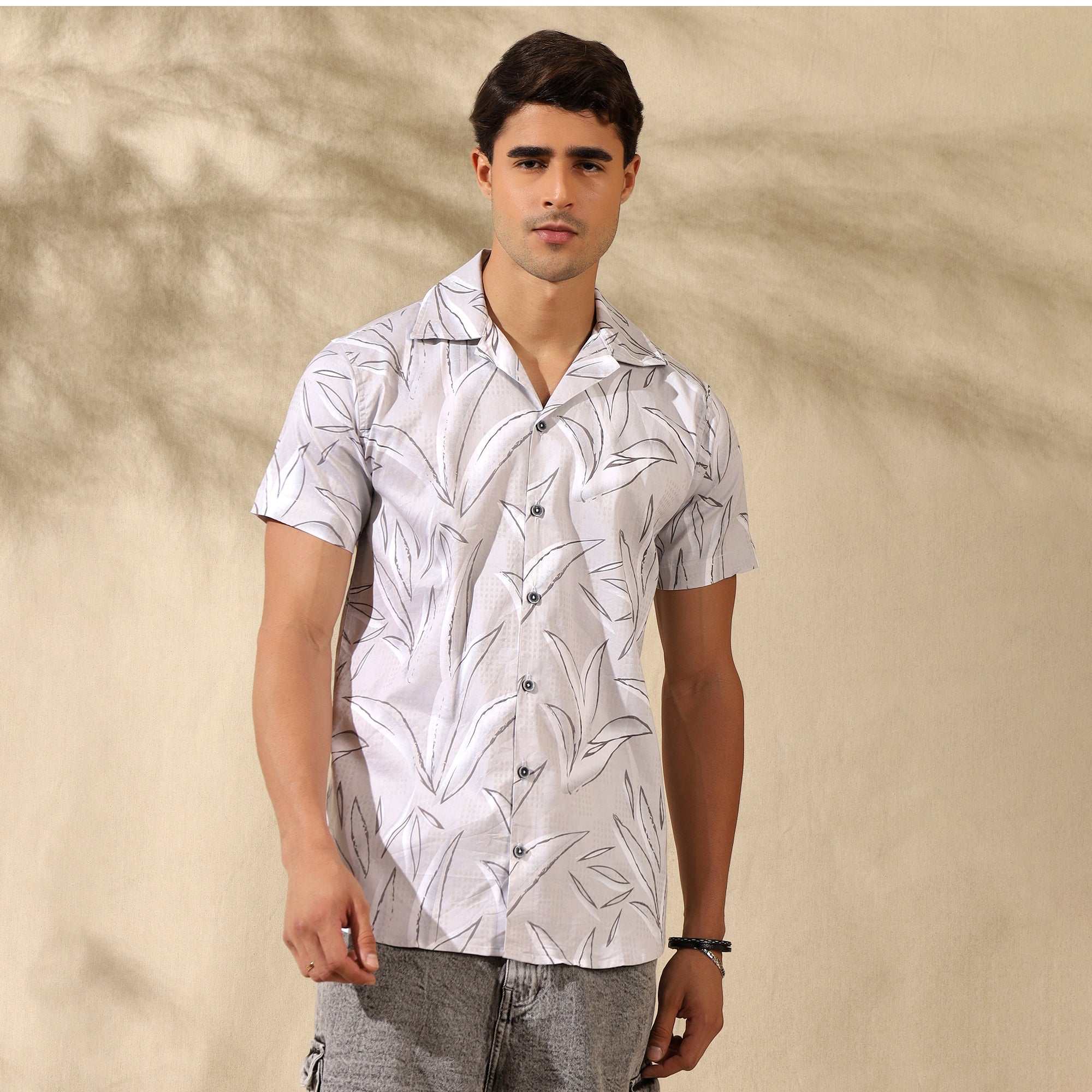 LIGHT GREY HALF CASUAL PRINTED COTTON SHIRT REGULAR FIT FOR MEN