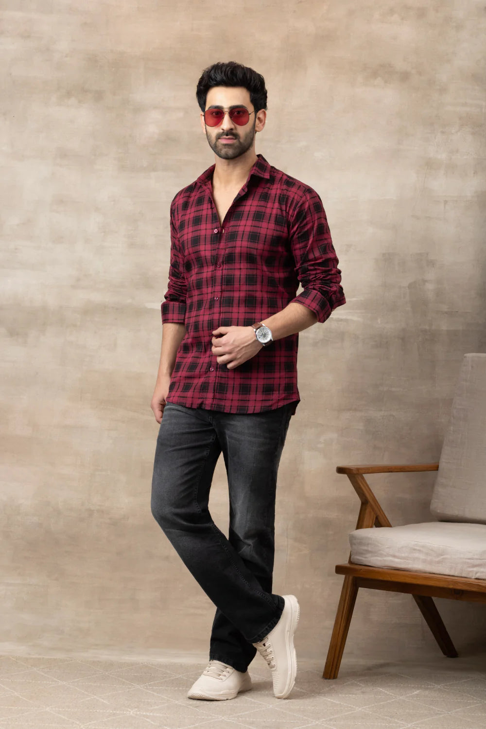 FORMAL COTTON CHECK SHIRTS FOR MEN - Red Plaid (Long Sleeve)