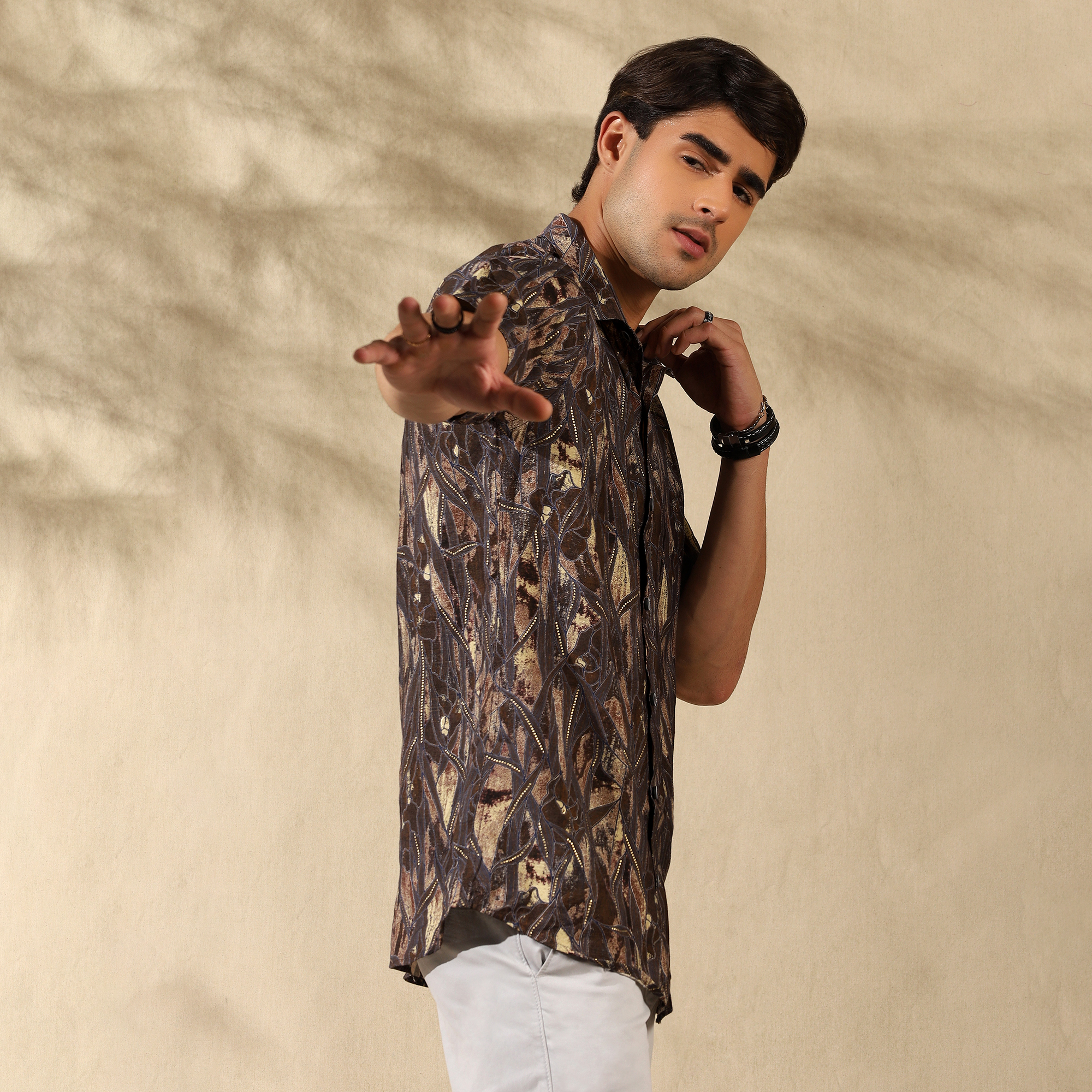 BROWN HALF CASUAL PRINTED COTTON SHIRT REGULAR FIT FOR MEN