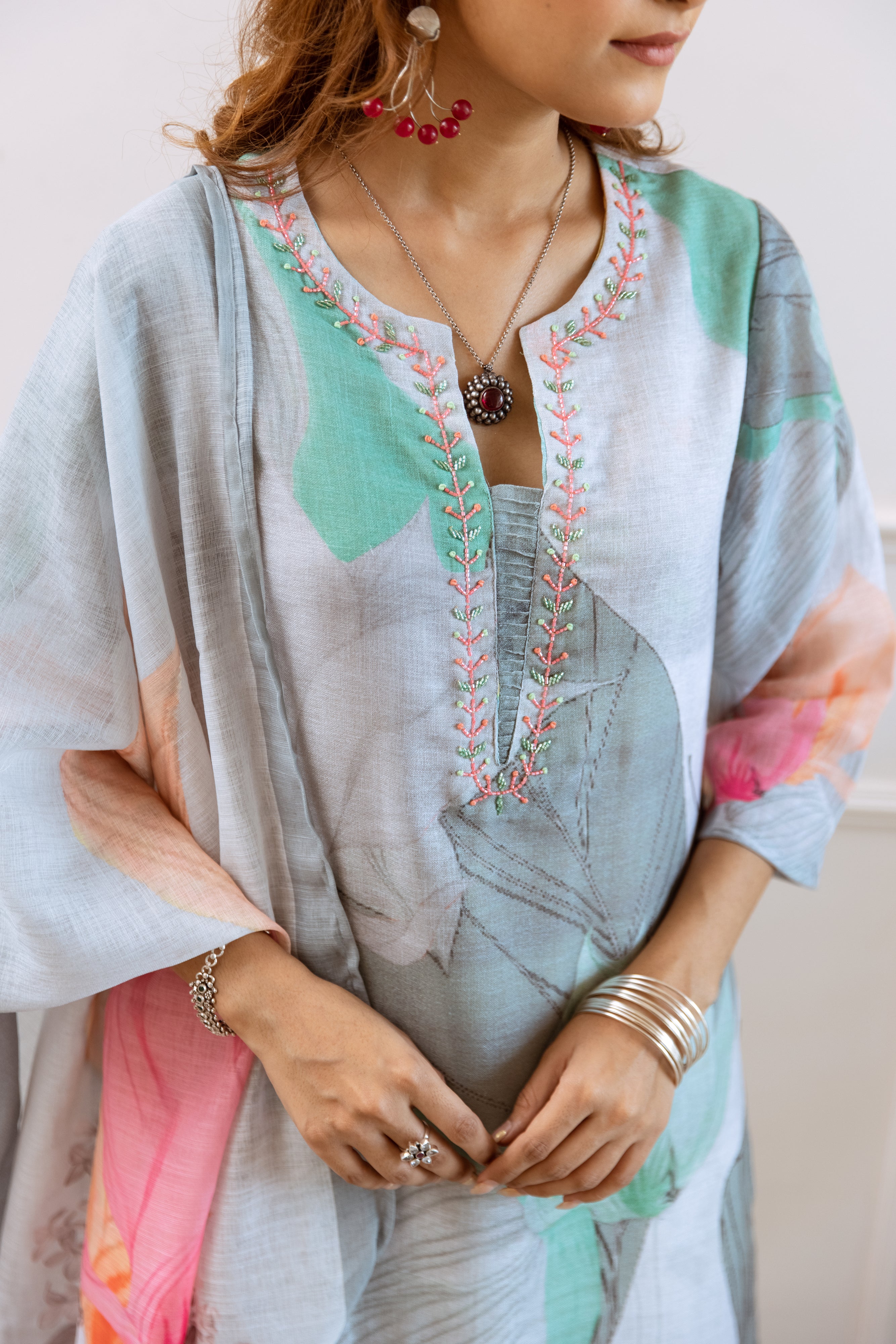 FLORAL PRINTED LINEN STRAIGHT KURTA SET WITH DUPATTA | THREE-PIECE ETHNIC WEAR FOR WOMEN | PLUS SIZE AVAILABLE-Grey Green