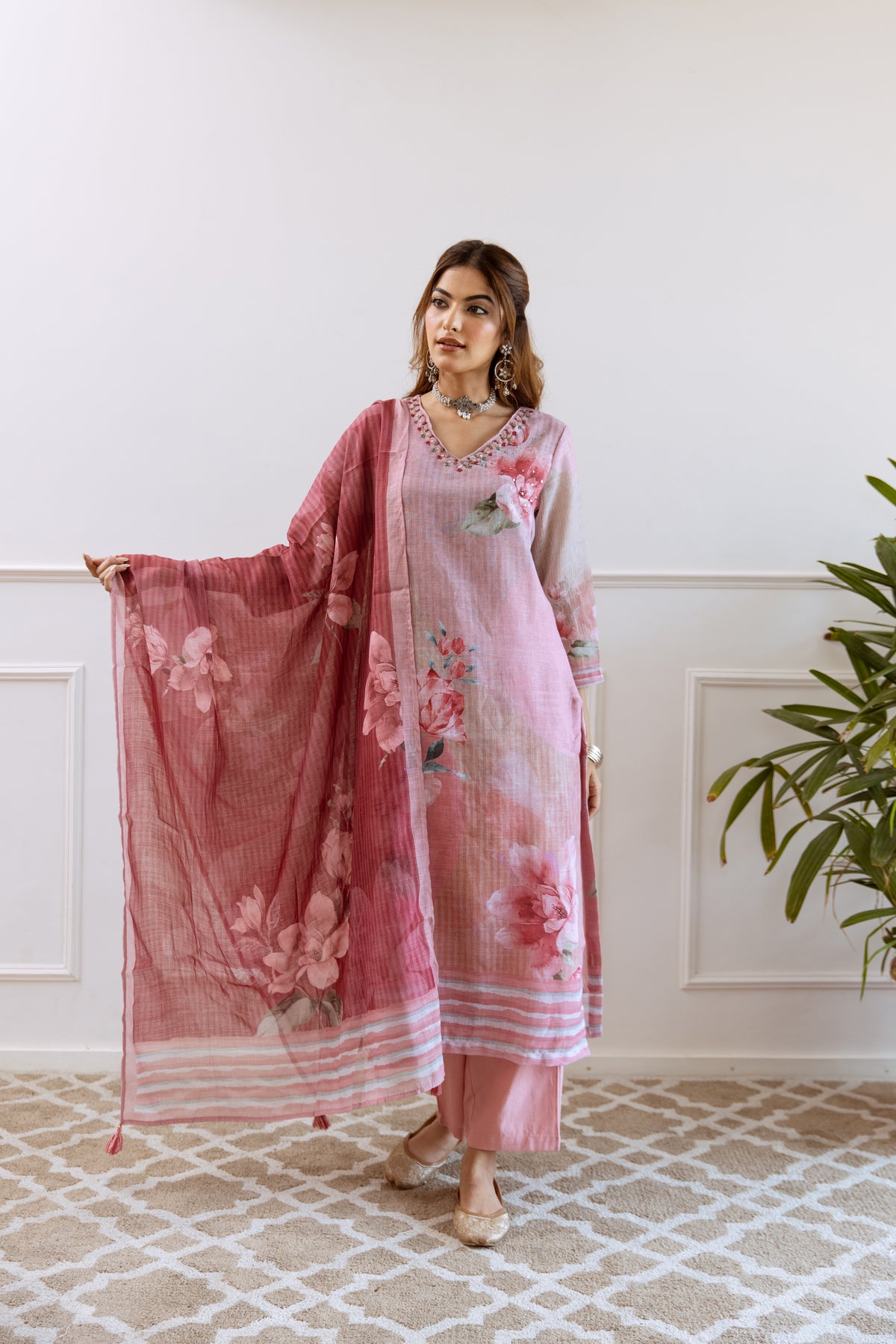 FLORAL PRINTED LINEN STRAIGHT KURTA SET WITH DUPATTA | THREE-PIECE ETHNIC WEAR FOR WOMEN | PLUS SIZE AVAILABLE-Rose Pink