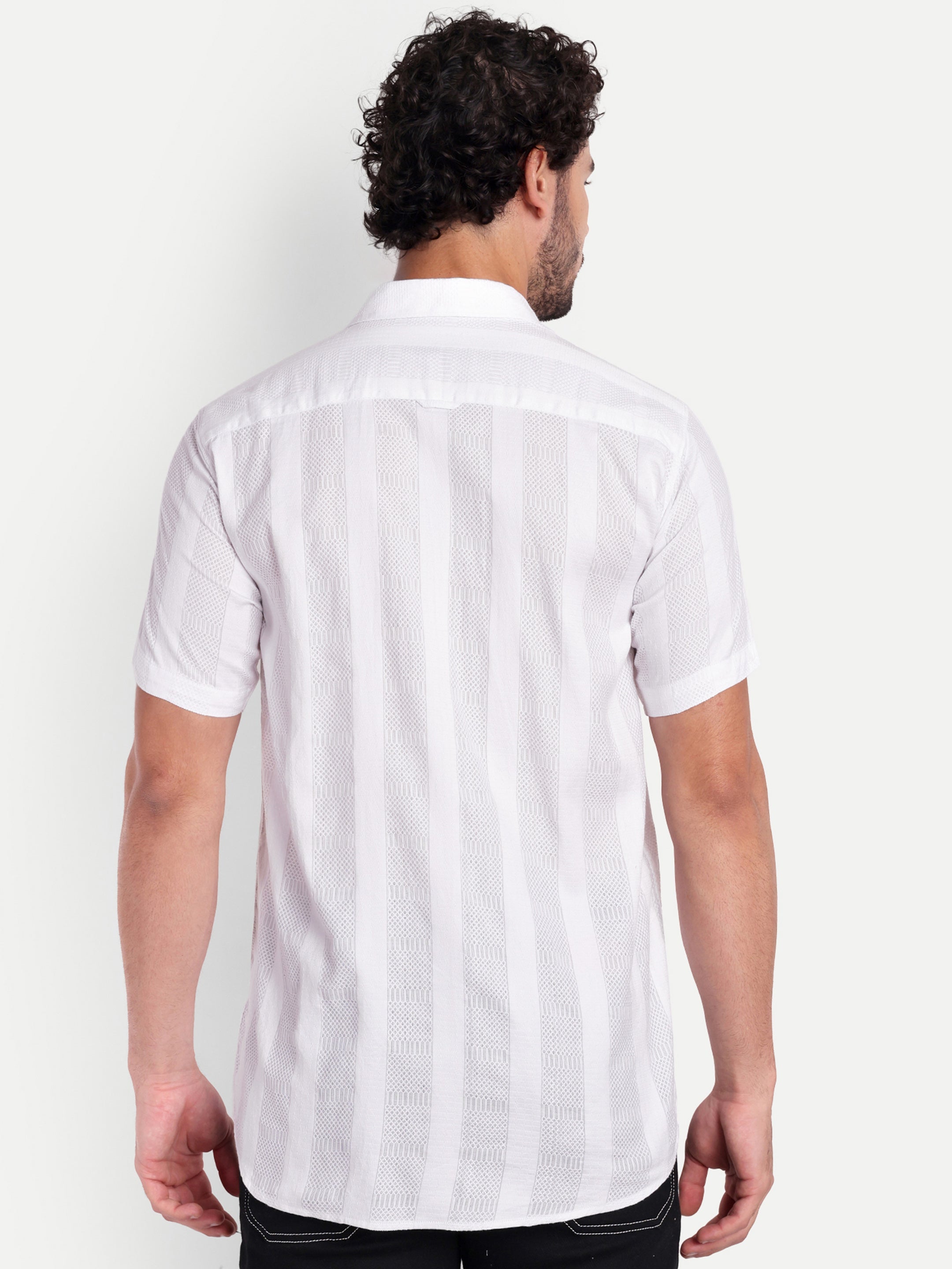 White Textured Lining Half Shirt