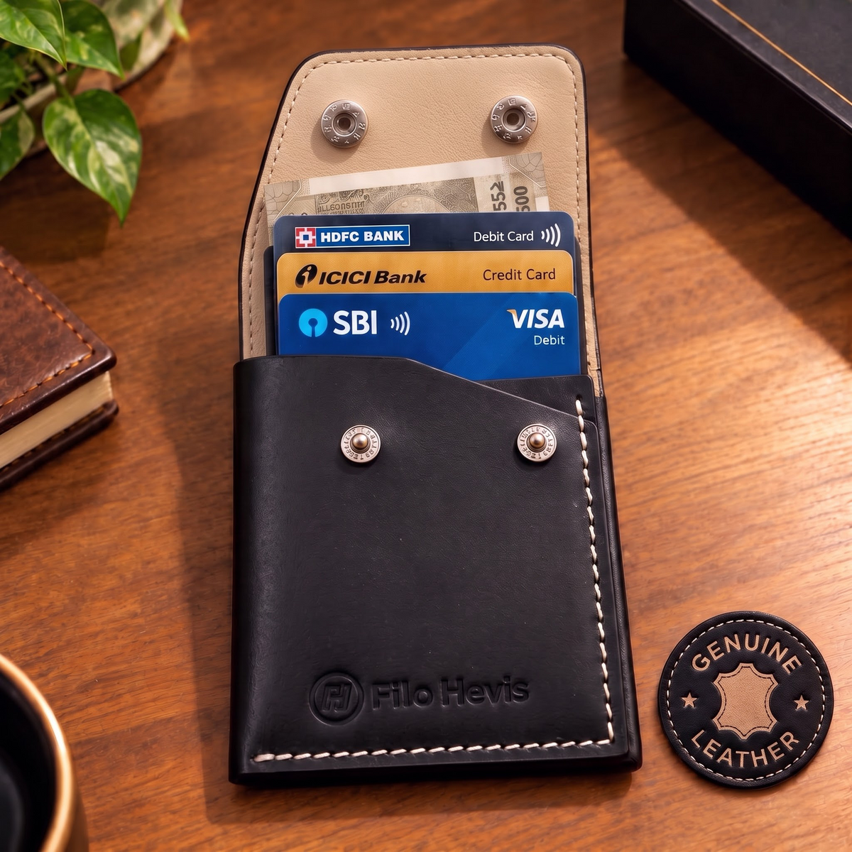 Leather Snap Button Wallet for Men – Compact Card Holder with Cash Pocket- Black