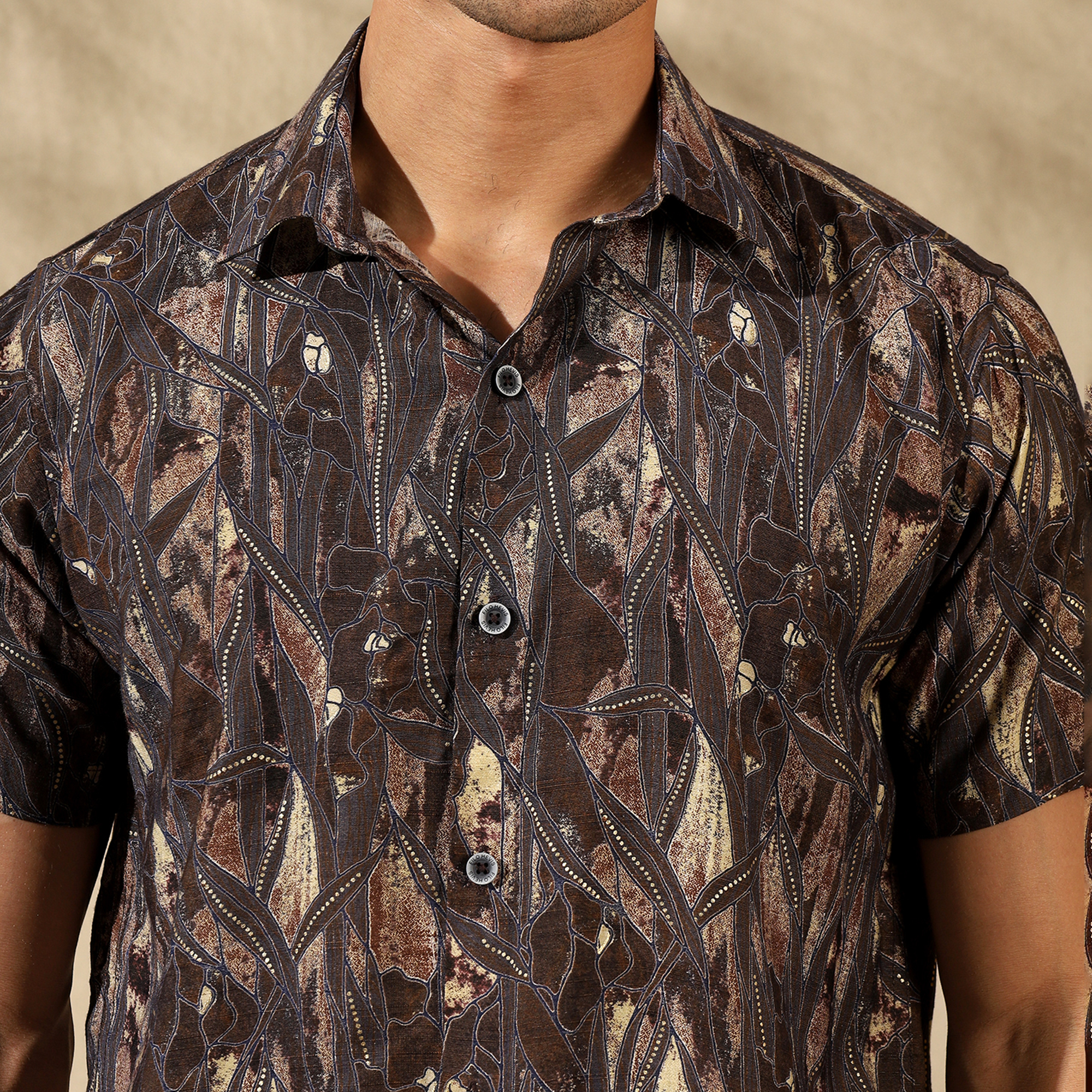BROWN HALF CASUAL PRINTED COTTON SHIRT REGULAR FIT FOR MEN