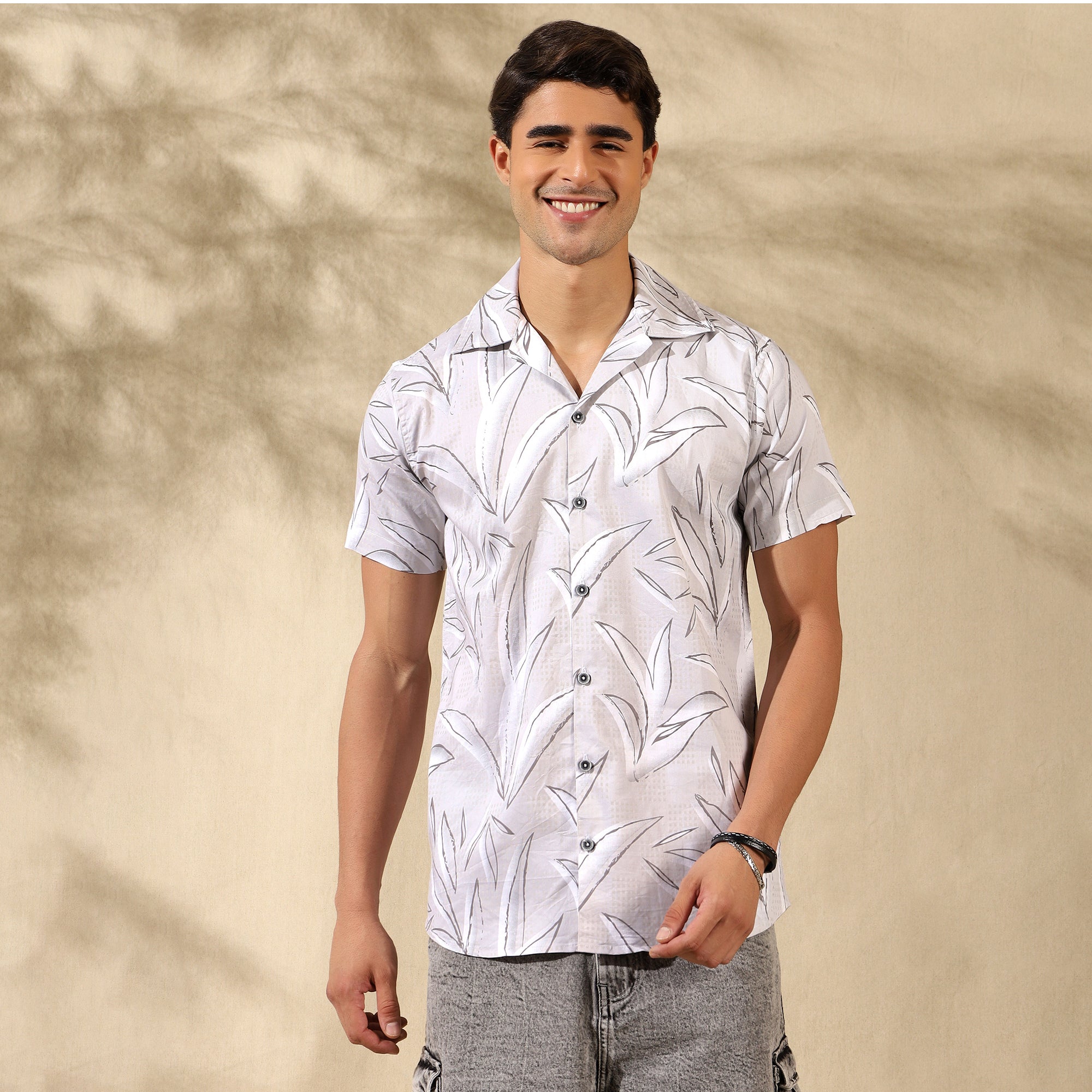 LIGHT GREY HALF CASUAL PRINTED COTTON SHIRT REGULAR FIT FOR MEN