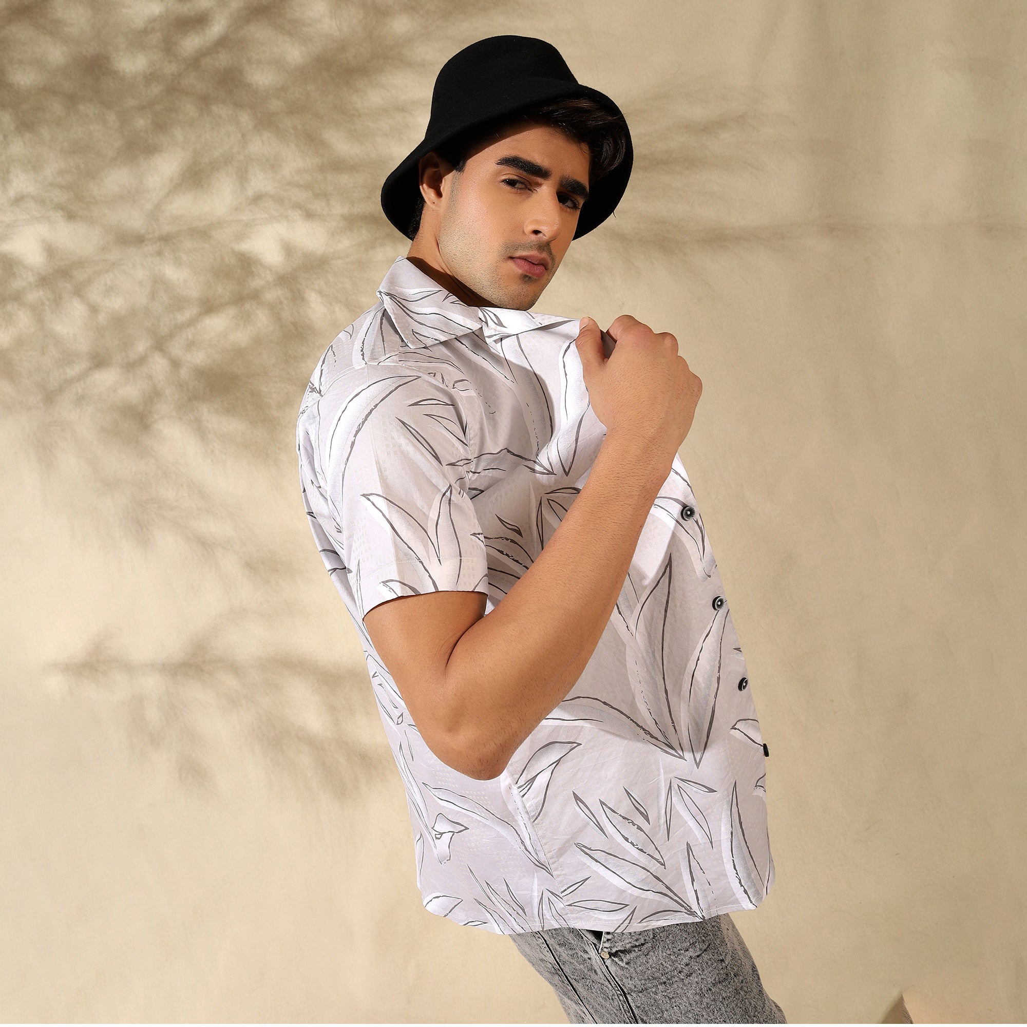 LIGHT GREY HALF CASUAL PRINTED COTTON SHIRT REGULAR FIT FOR MEN