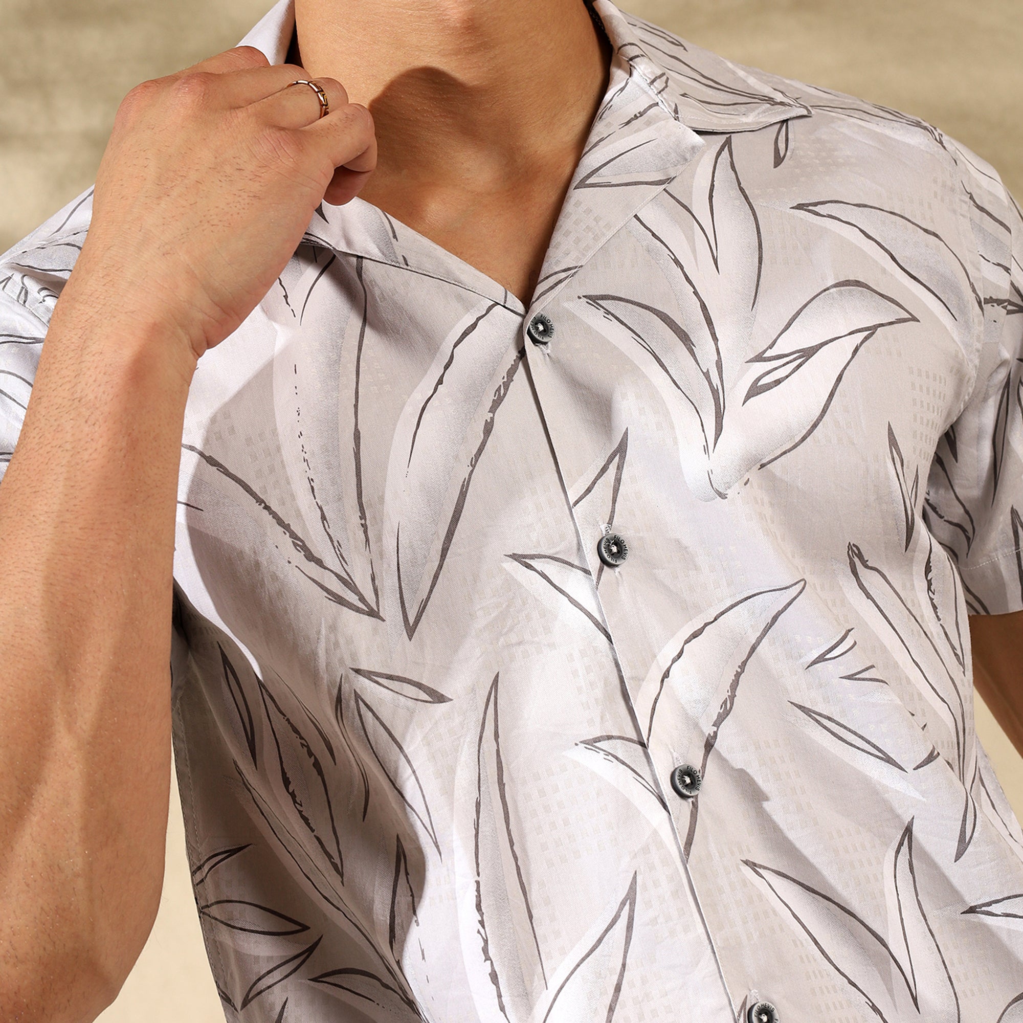 LIGHT GREY HALF CASUAL PRINTED COTTON SHIRT REGULAR FIT FOR MEN