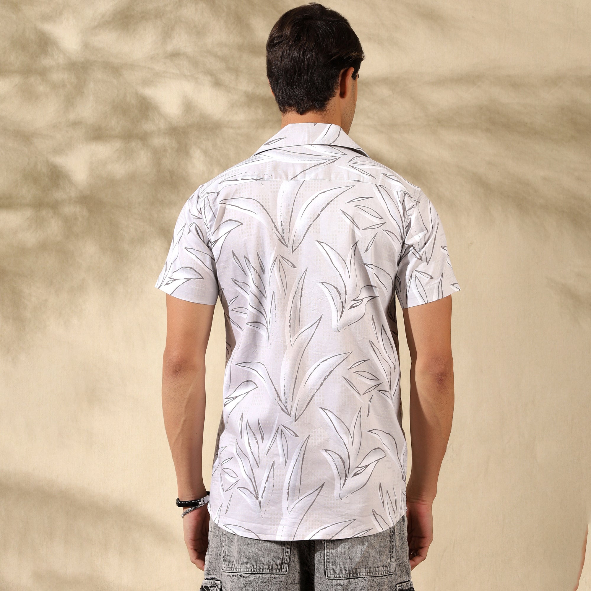 LIGHT GREY HALF CASUAL PRINTED COTTON SHIRT REGULAR FIT FOR MEN