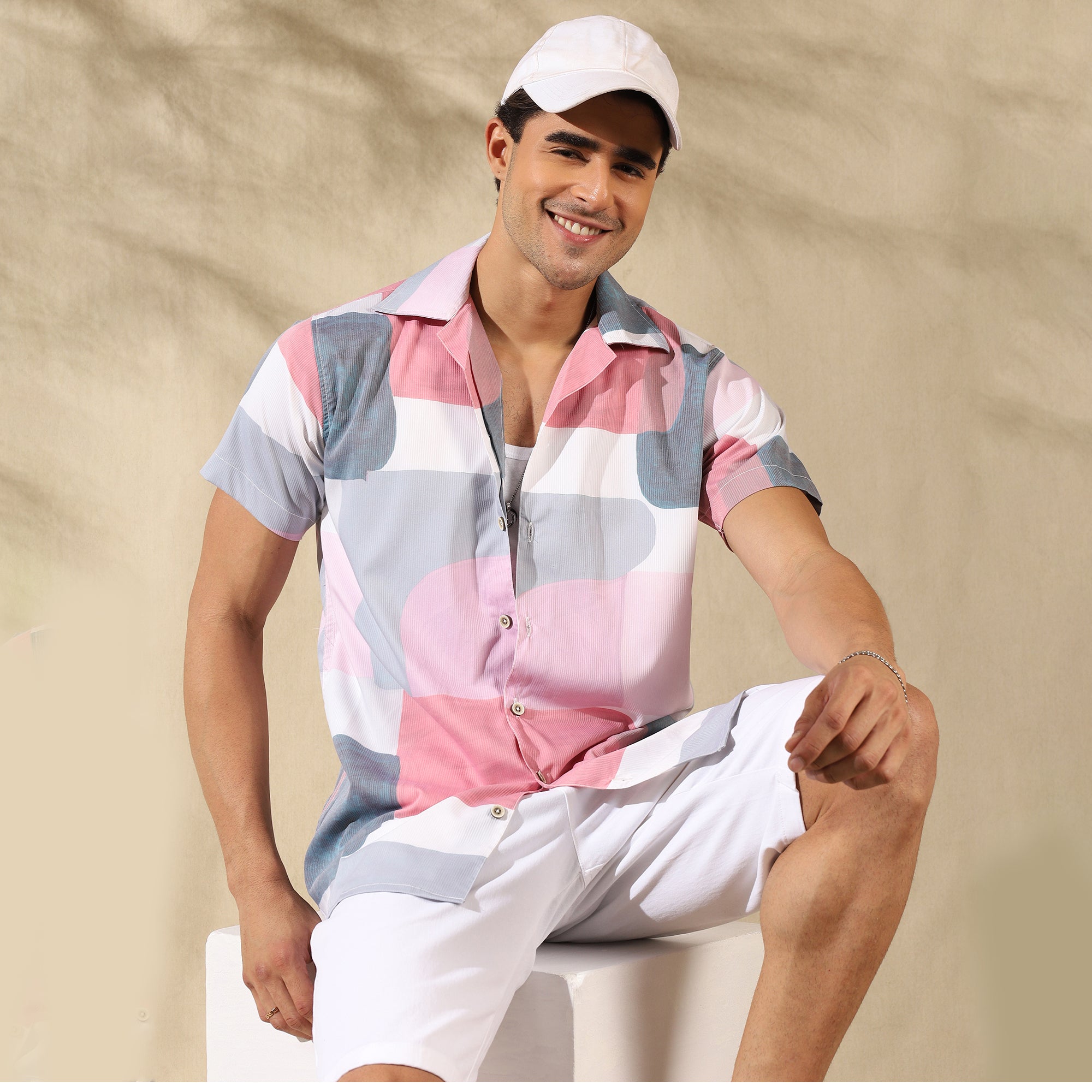 PEACH PINK HALF CASUAL PRINTED COTTON SHIRT REGULAR FIT FOR MEN