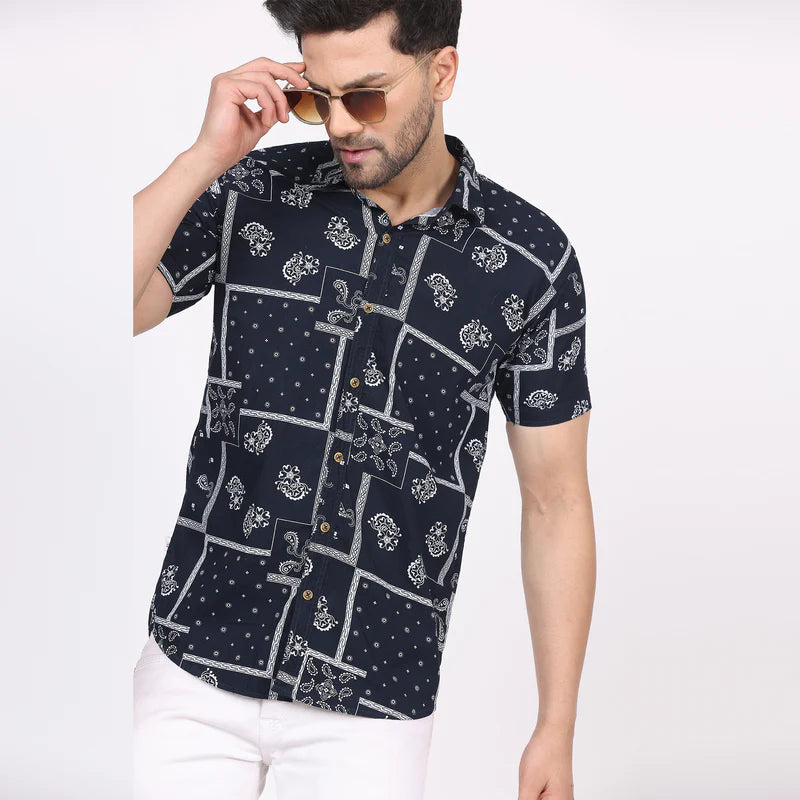 Men's Regular Fit Half Sleeve Printed Shirt-Navy Blue