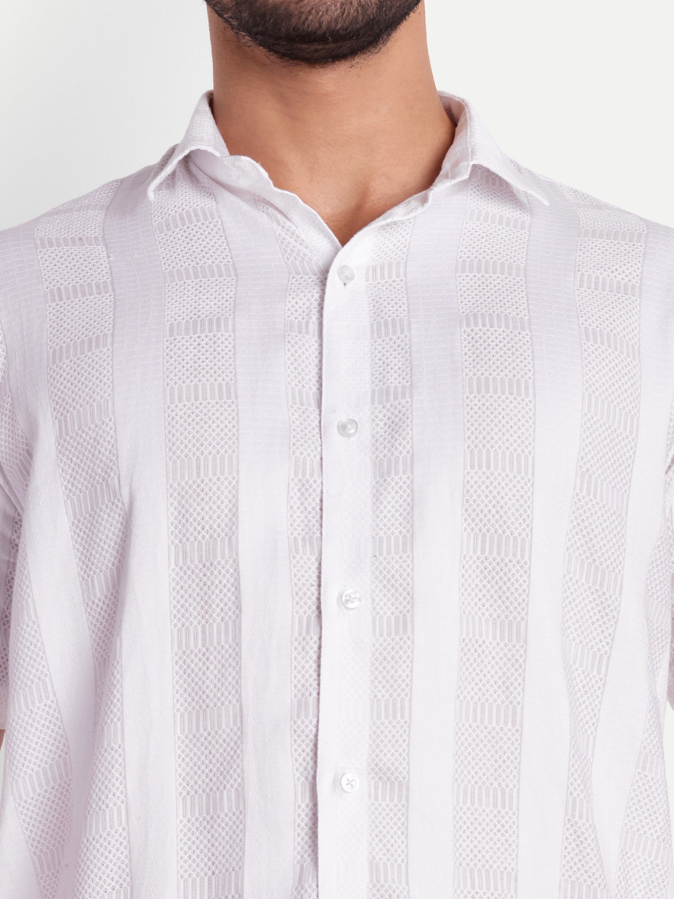 White Textured Lining Half Shirt