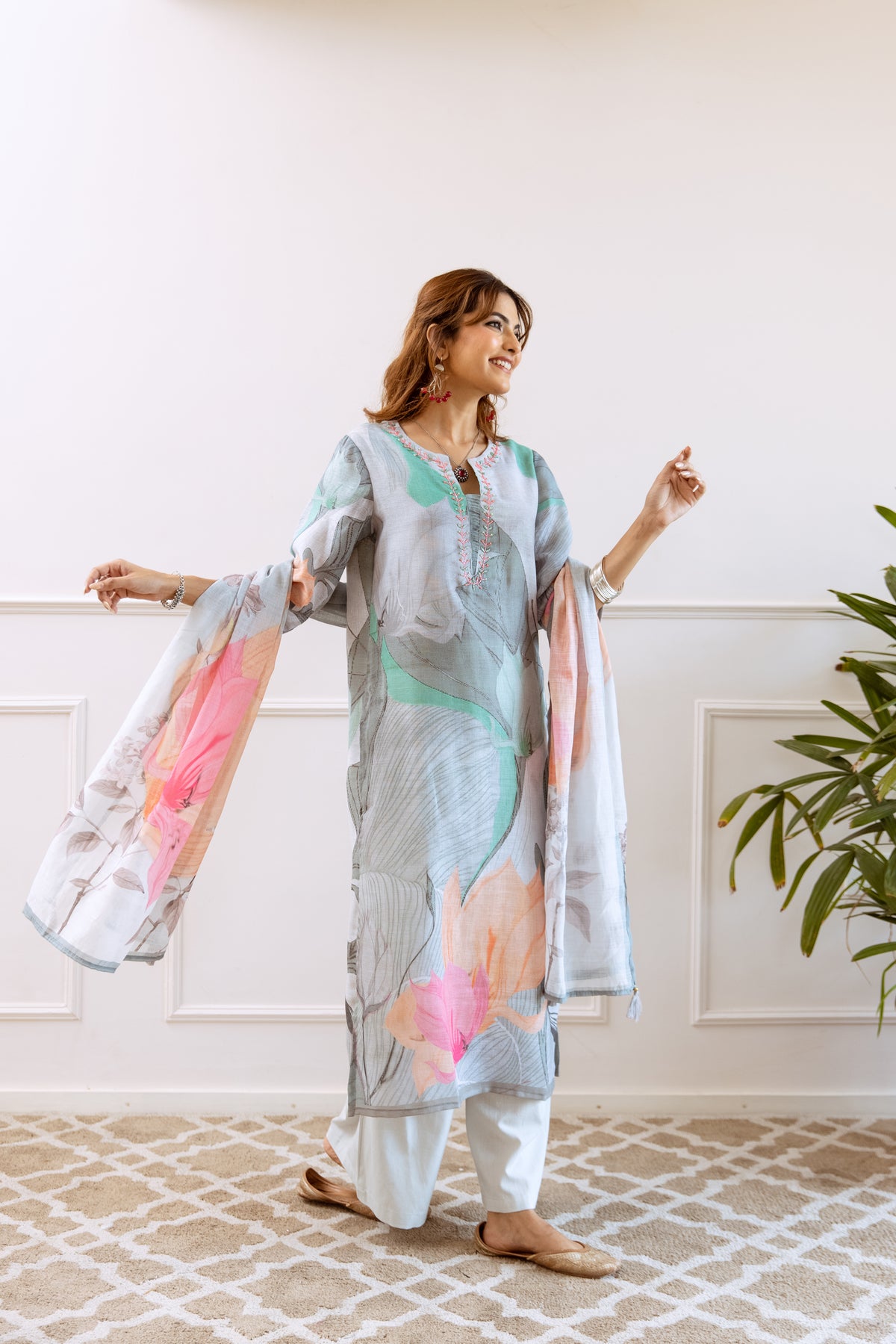 FLORAL PRINTED LINEN STRAIGHT KURTA SET WITH DUPATTA | THREE-PIECE ETHNIC WEAR FOR WOMEN | PLUS SIZE AVAILABLE-Grey Green