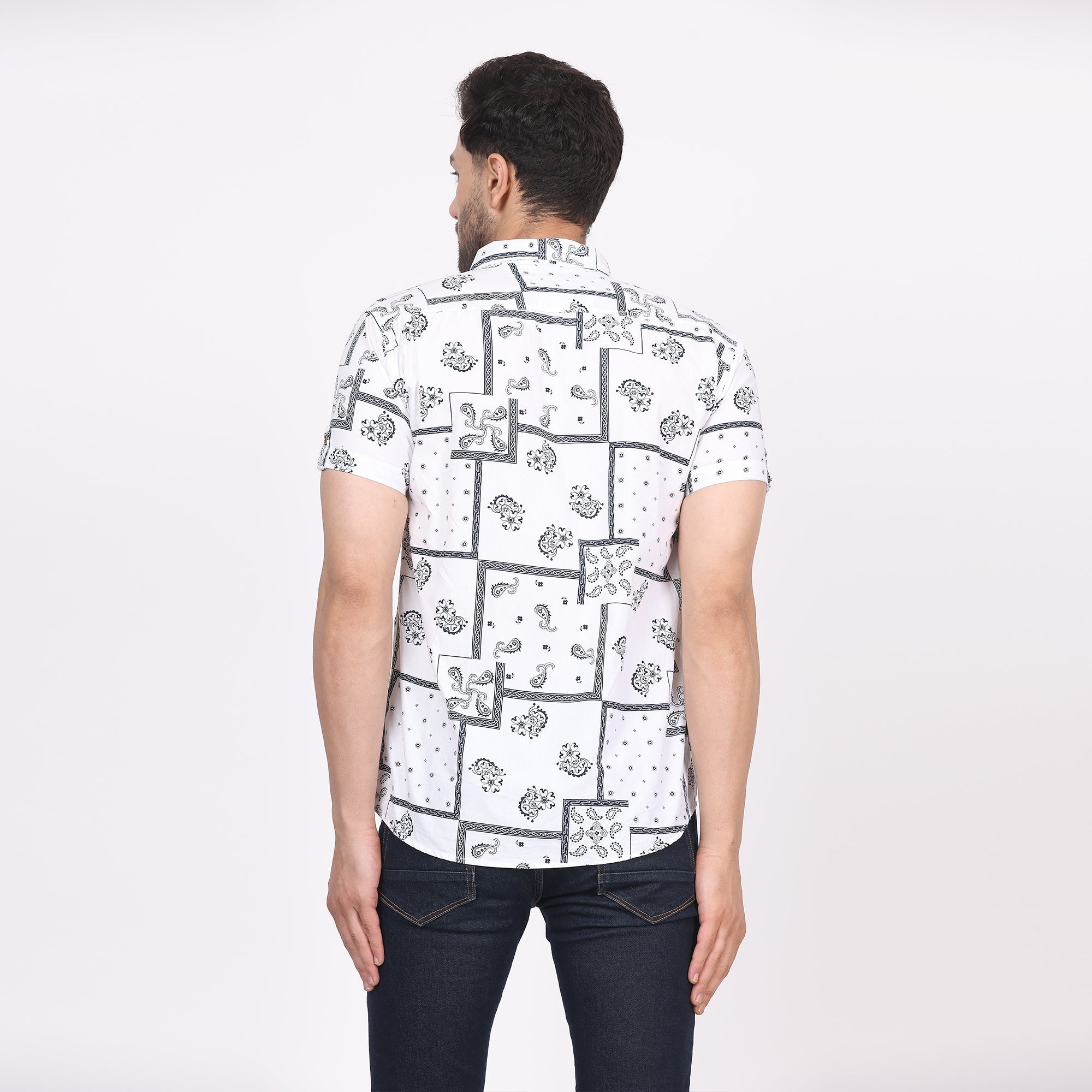 Men's Regular Fit Half Sleeve Printed Shirt-White