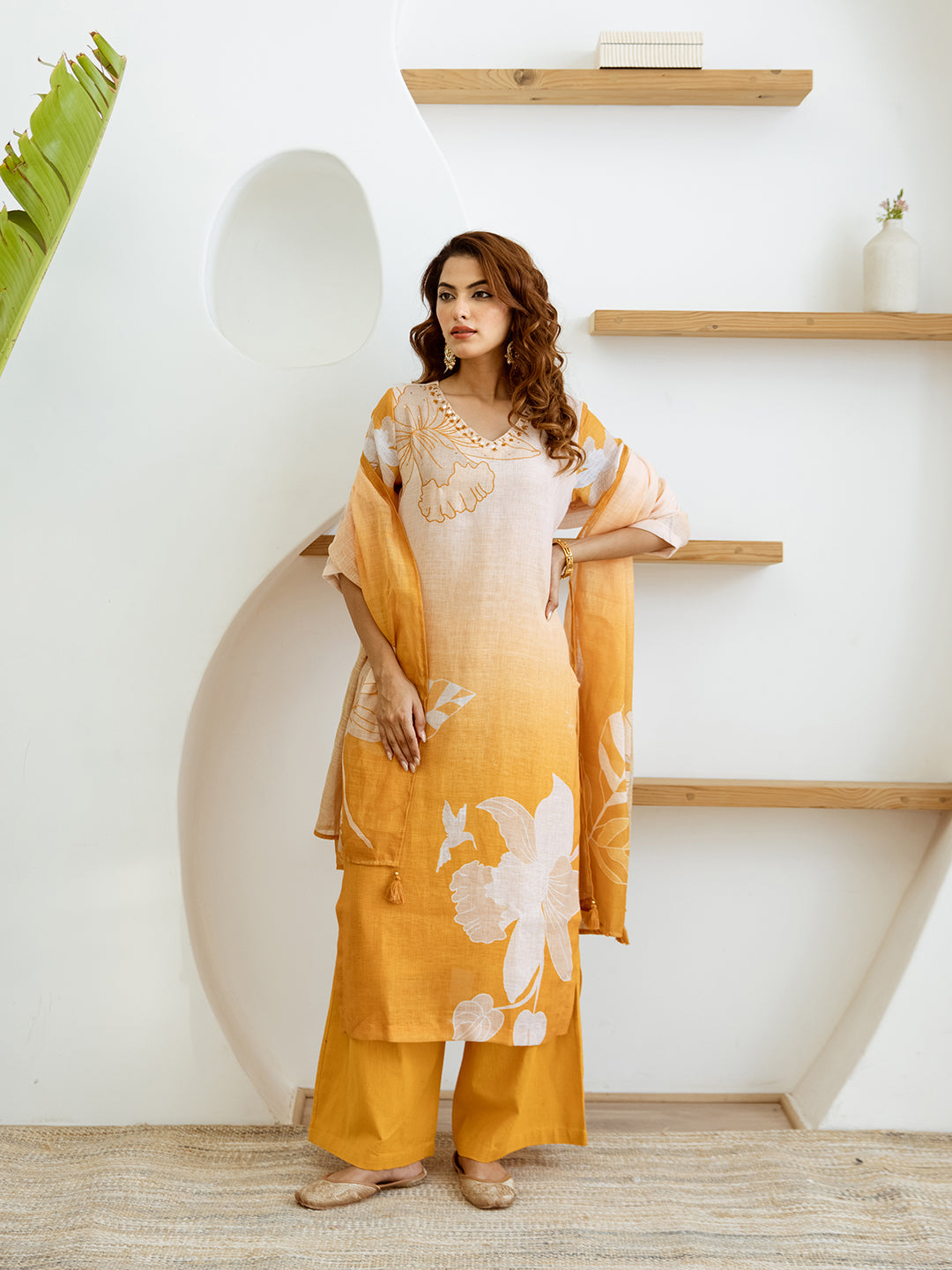 FLORAL PRINTED LINEN STRAIGHT KURTA SET WITH DUPATTA | THREE-PIECE ETHNIC WEAR FOR WOMEN | PLUS SIZE AVAILABLE-Yellow