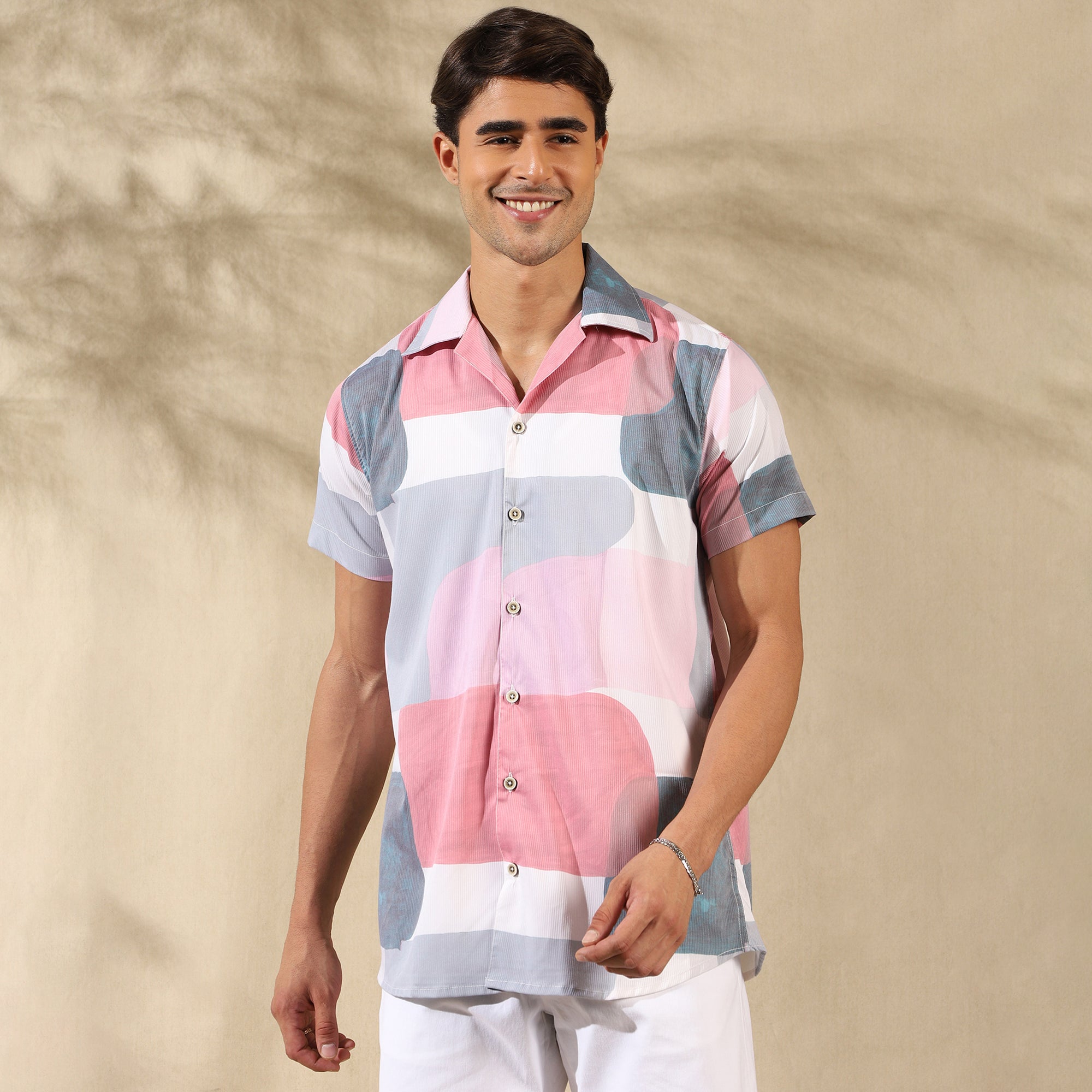 PEACH PINK HALF CASUAL PRINTED COTTON SHIRT REGULAR FIT FOR MEN