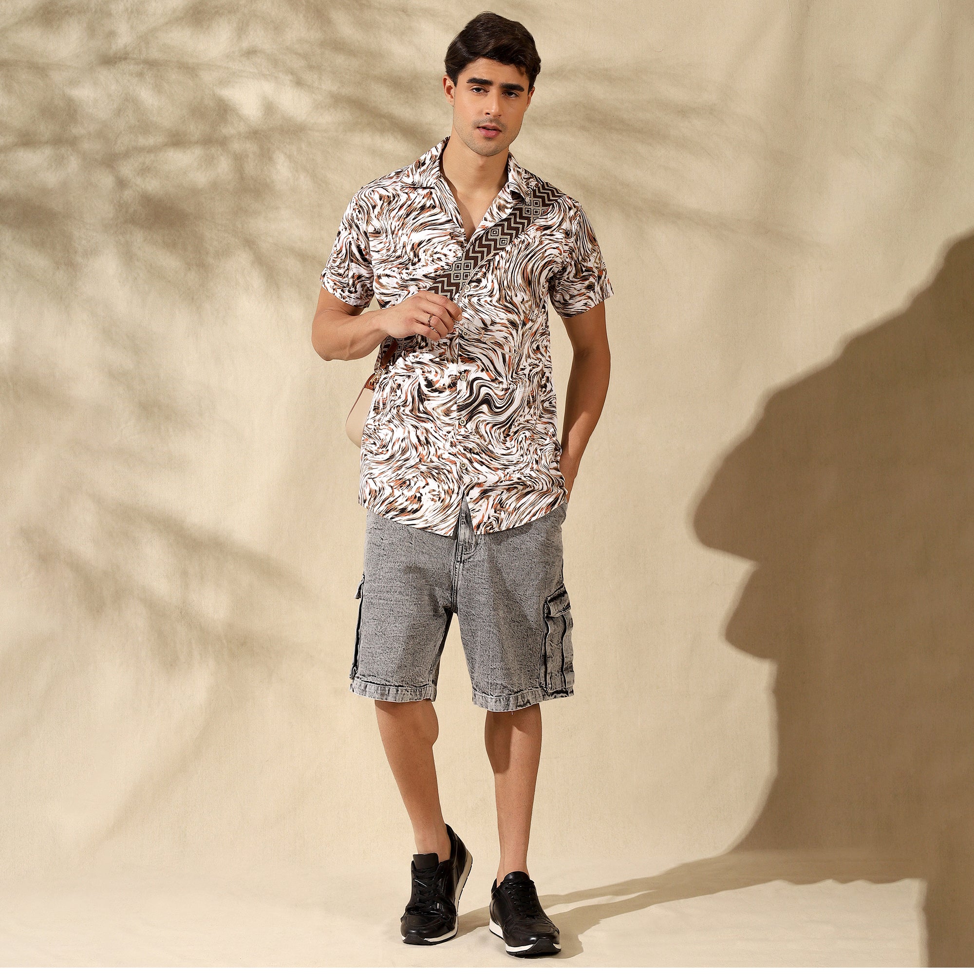 BROWN HALF CASUAL PRINTED COTTON SHIRT REGULAR FIT FOR MEN