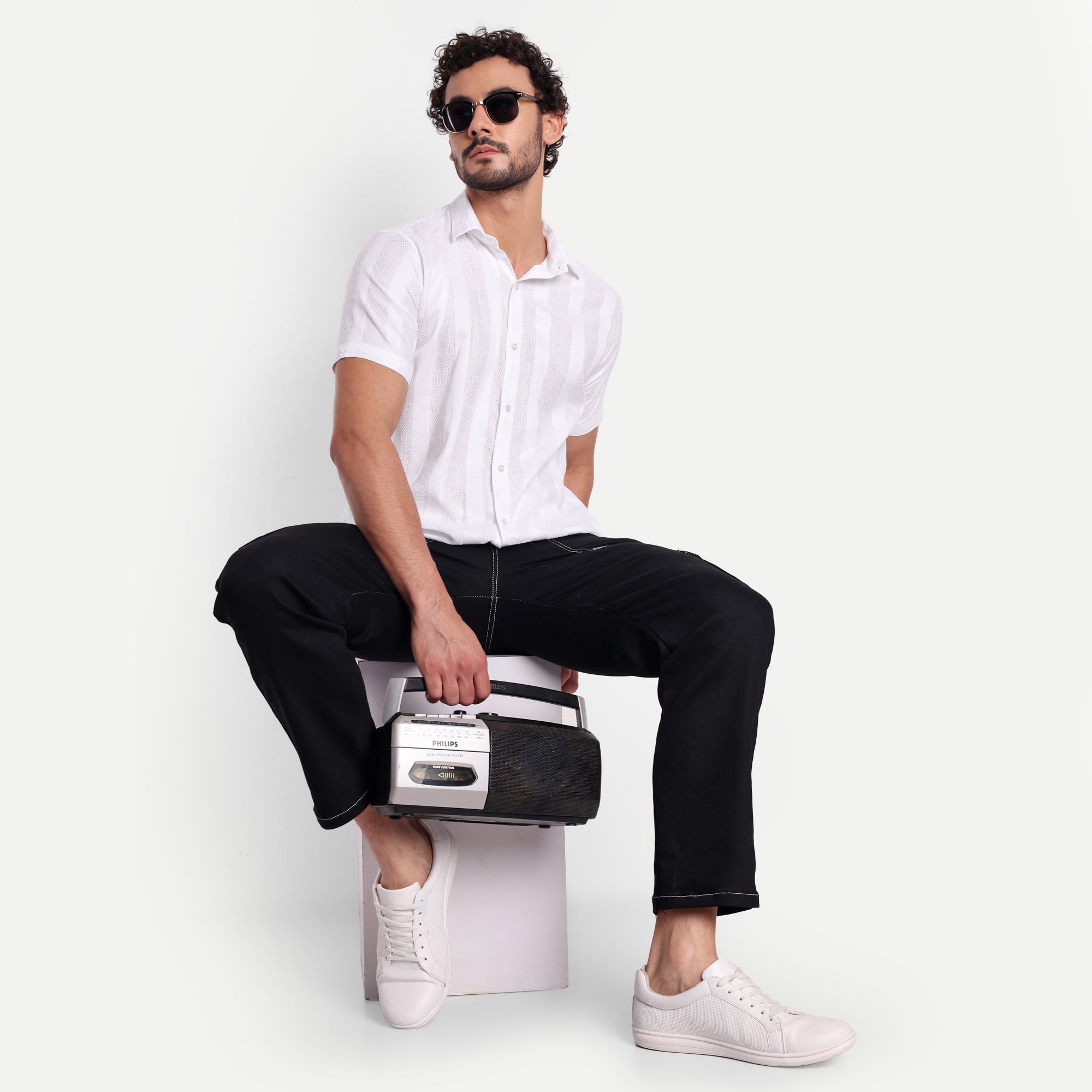 White Textured Lining Half Shirt