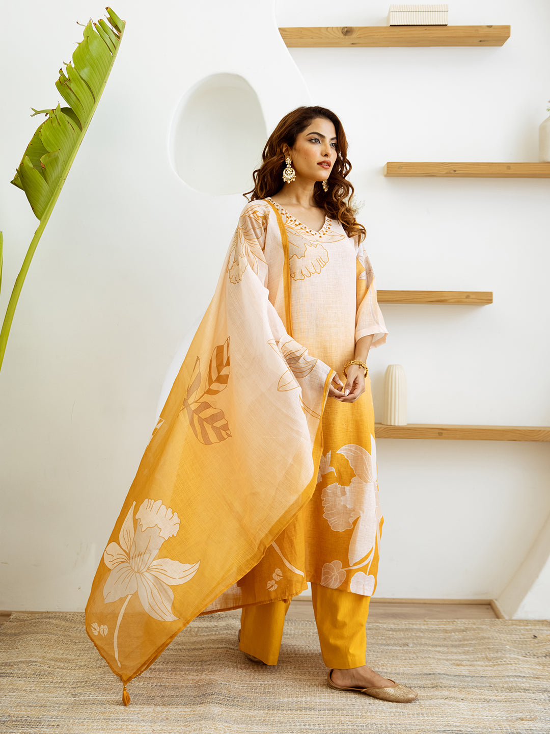 FLORAL PRINTED LINEN STRAIGHT KURTA SET WITH DUPATTA | THREE-PIECE ETHNIC WEAR FOR WOMEN | PLUS SIZE AVAILABLE-Yellow