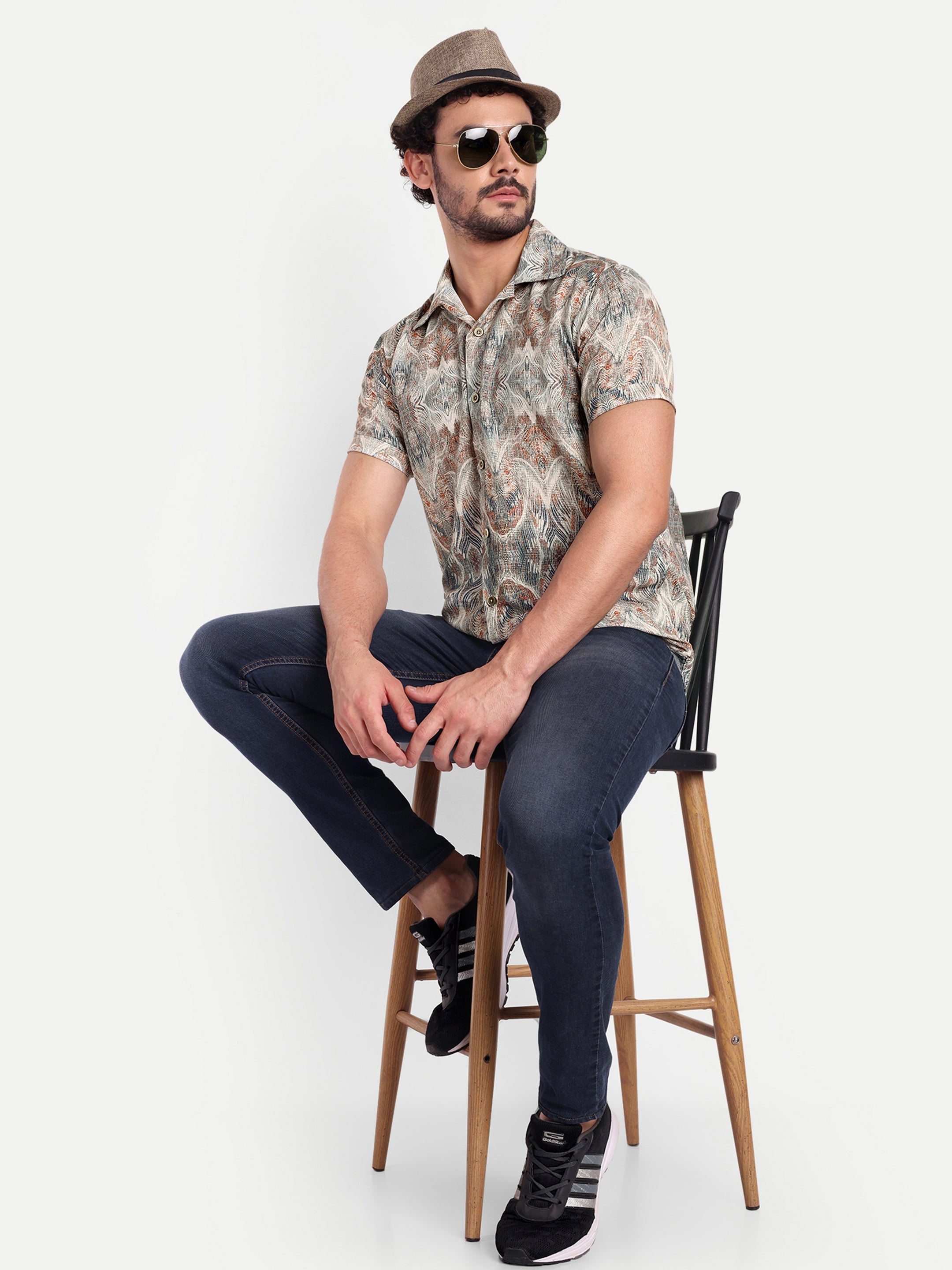 Green Printed Textured Half Shirt