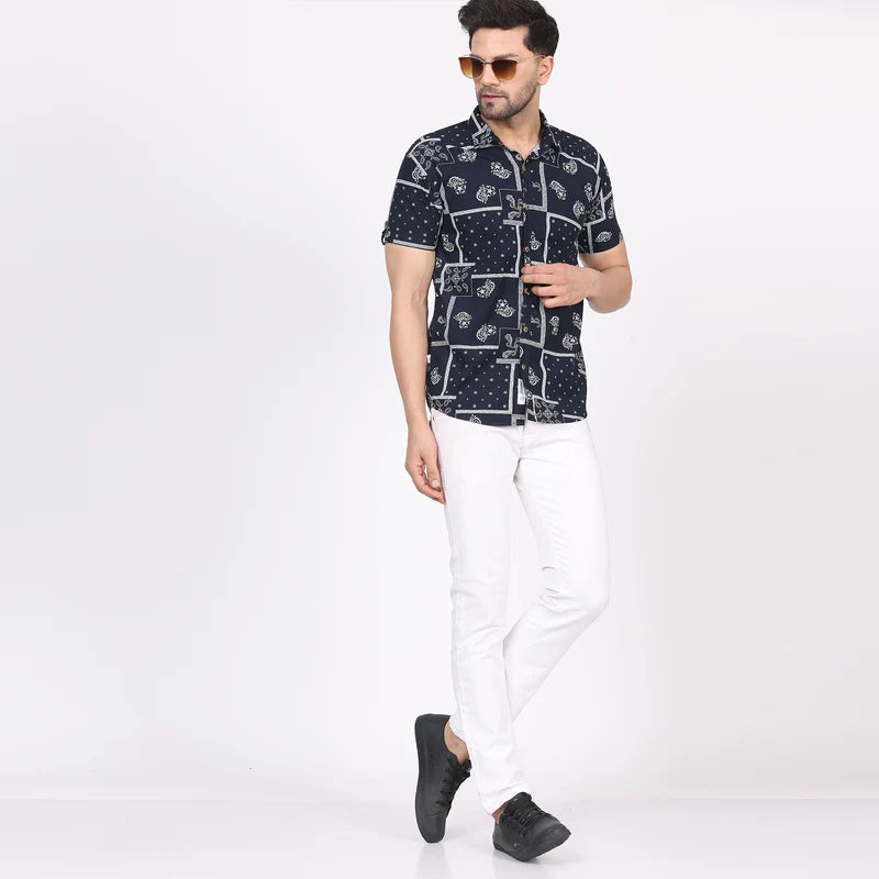 Men's Regular Fit Half Sleeve Printed Shirt-Navy Blue