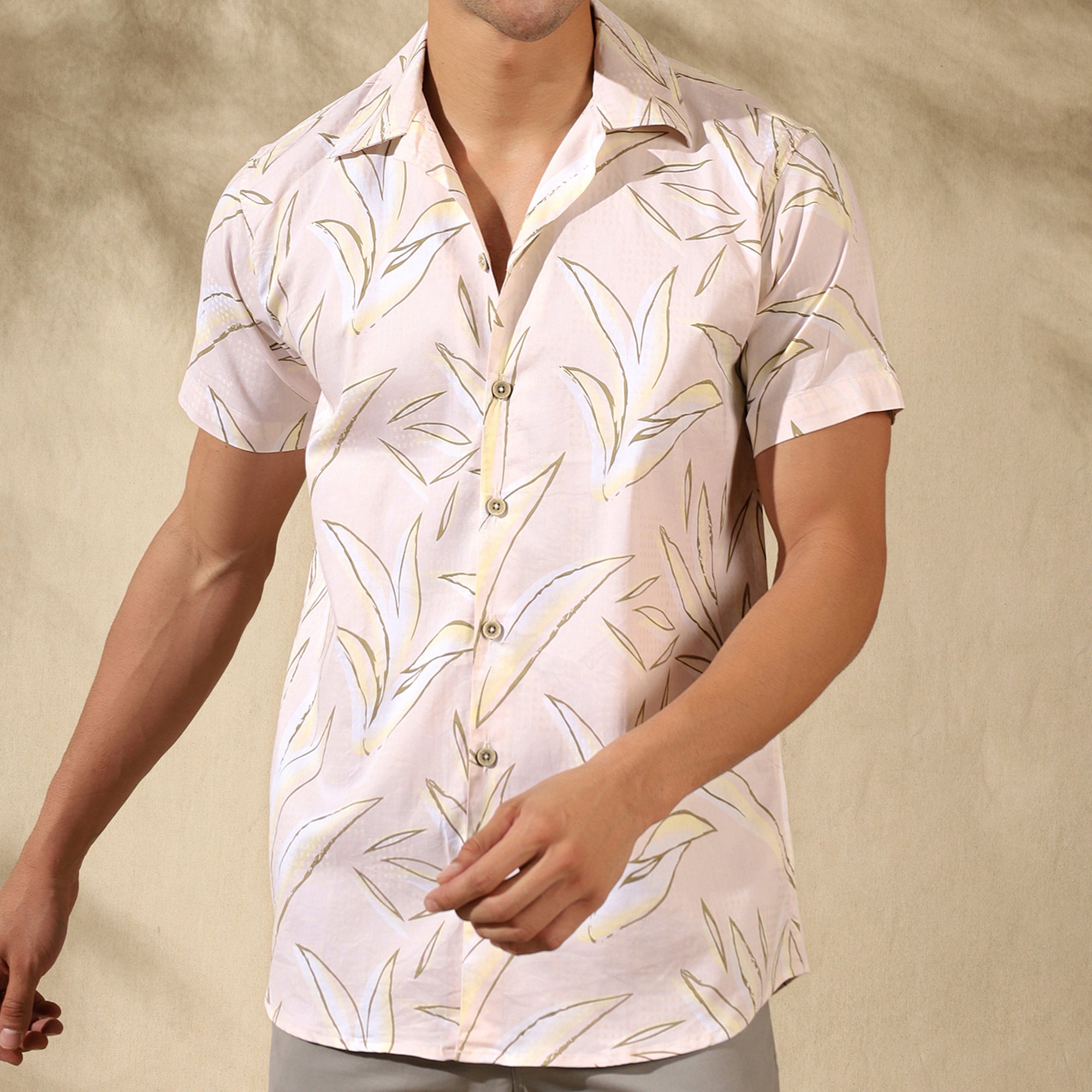 CREAM HALF CASUAL PRINTED COTTON SHIRT REGULAR FIT FOR MEN