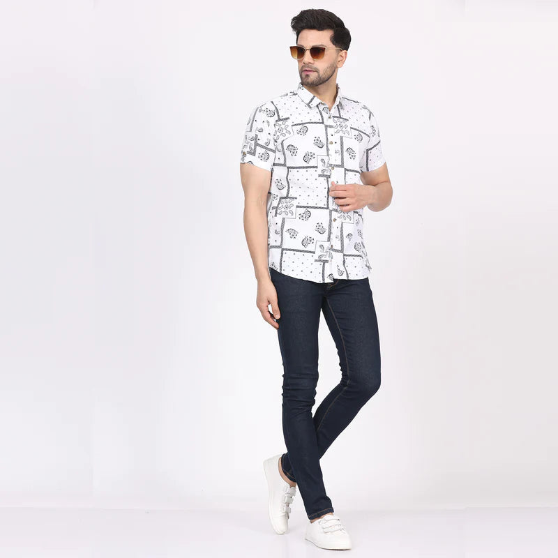 Men's Regular Fit Half Sleeve Printed Shirt-White
