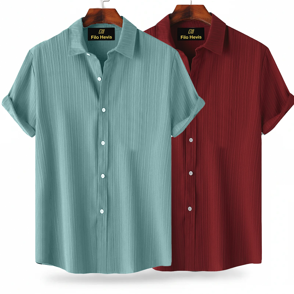 Light Green & Red Popcorn Texture Half Sleeve Shirt Combo