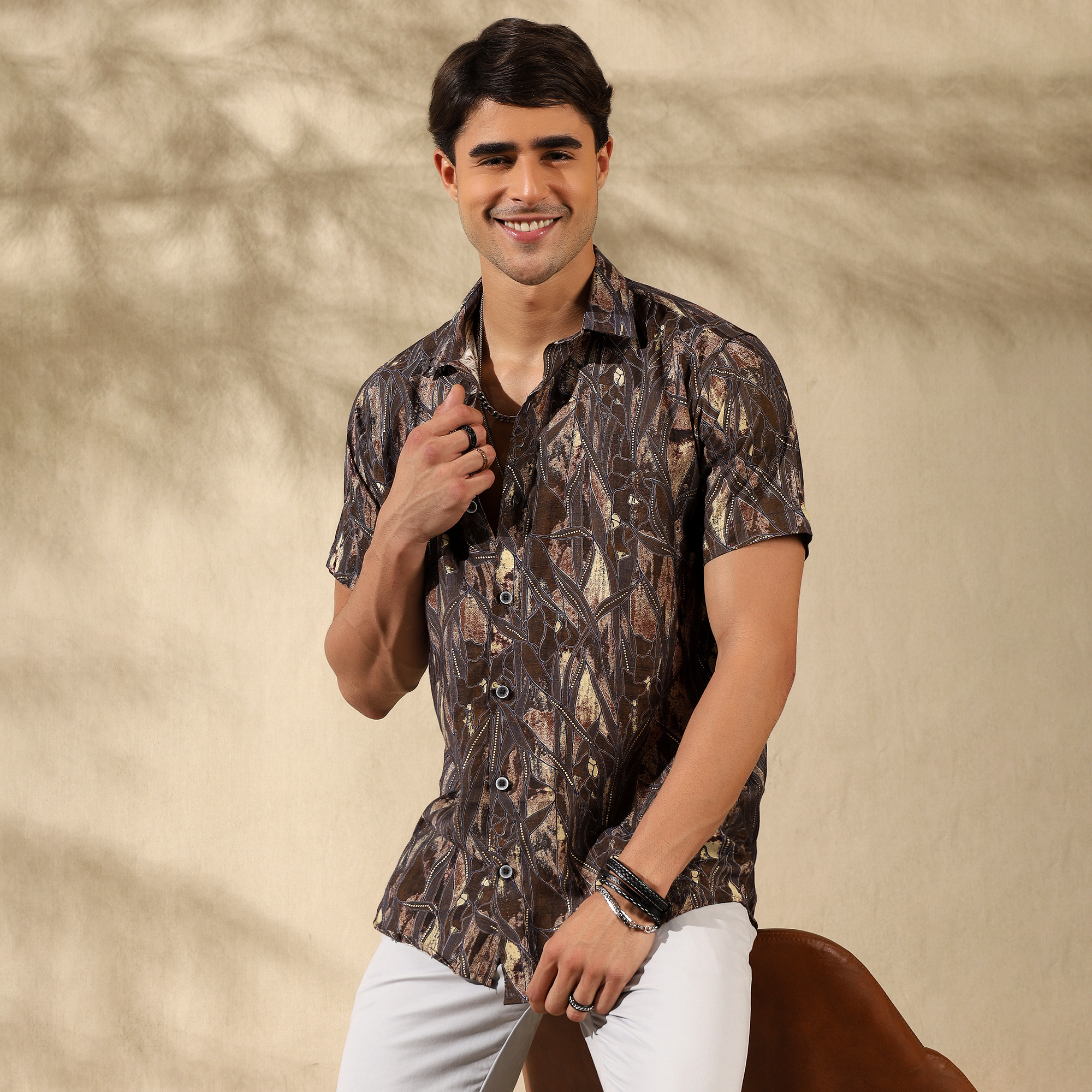 BROWN HALF CASUAL PRINTED COTTON SHIRT REGULAR FIT FOR MEN