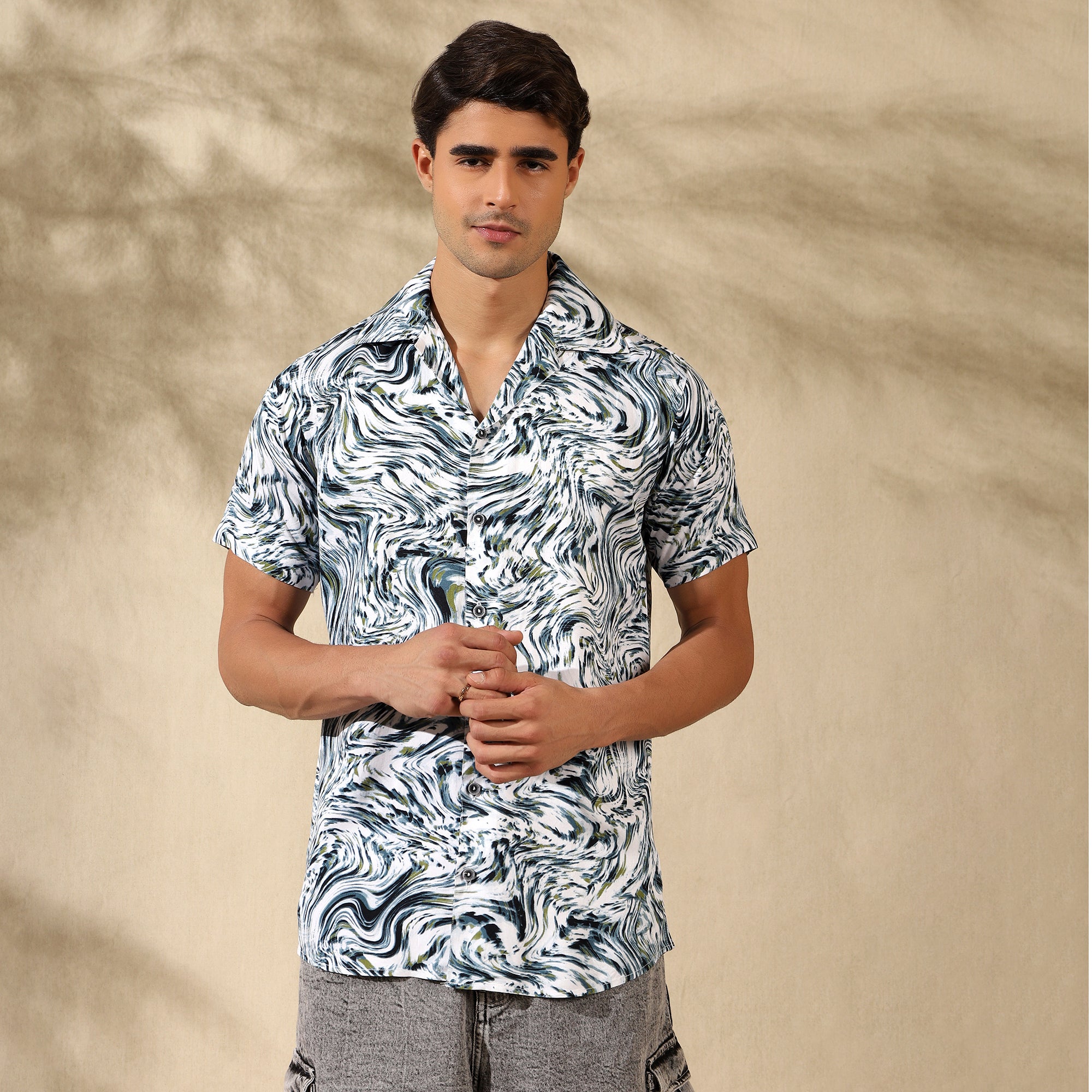 GREEN HALF CASUAL PRINTED COTTON SHIRT REGULAR FIT FOR MEN