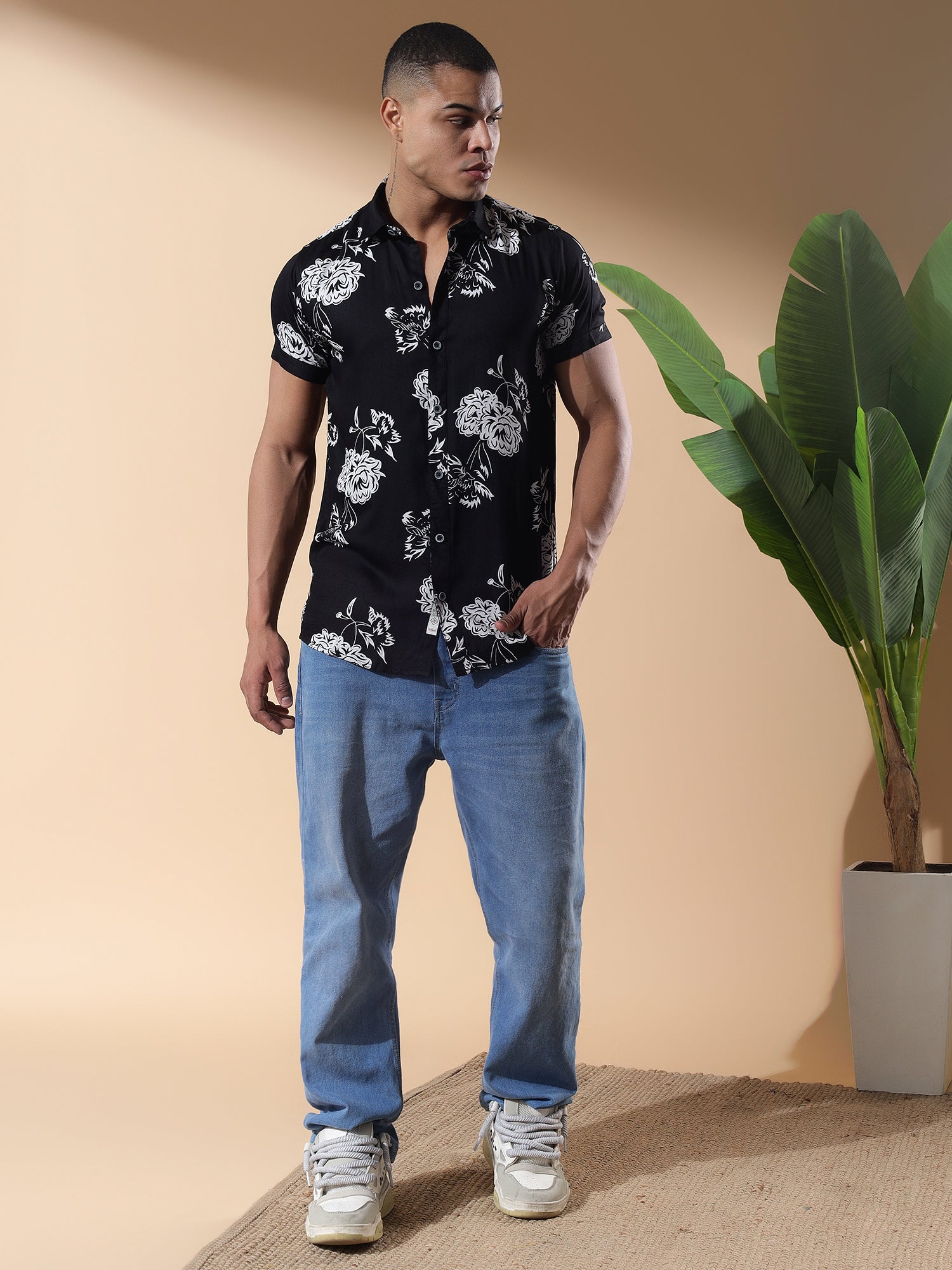 Black Half Casual Printed Cotton Shirt Regular Fit For Men