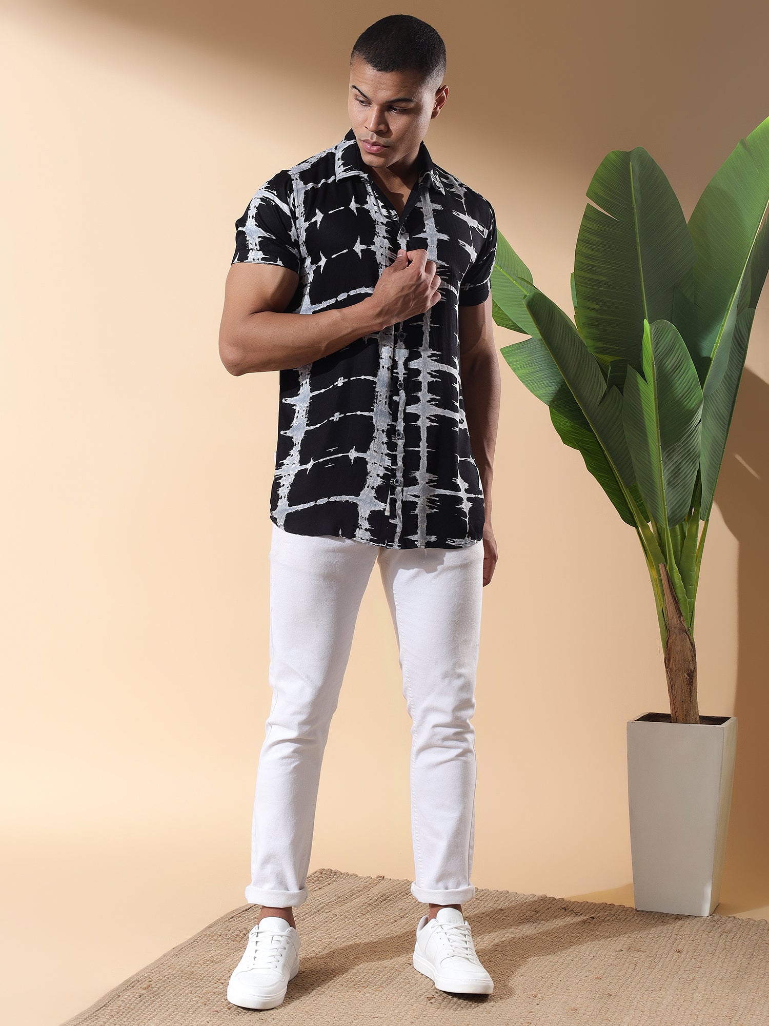 Half Casual Printed Cotton Shirt Regular Fit For Men-Black