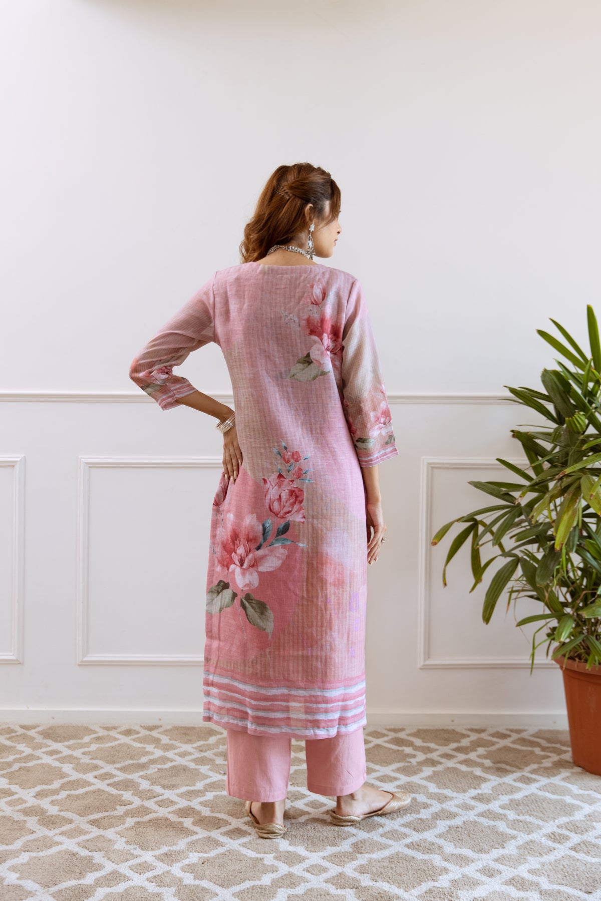 FLORAL PRINTED LINEN STRAIGHT KURTA SET WITH DUPATTA | THREE-PIECE ETHNIC WEAR FOR WOMEN | PLUS SIZE AVAILABLE-Rose Pink