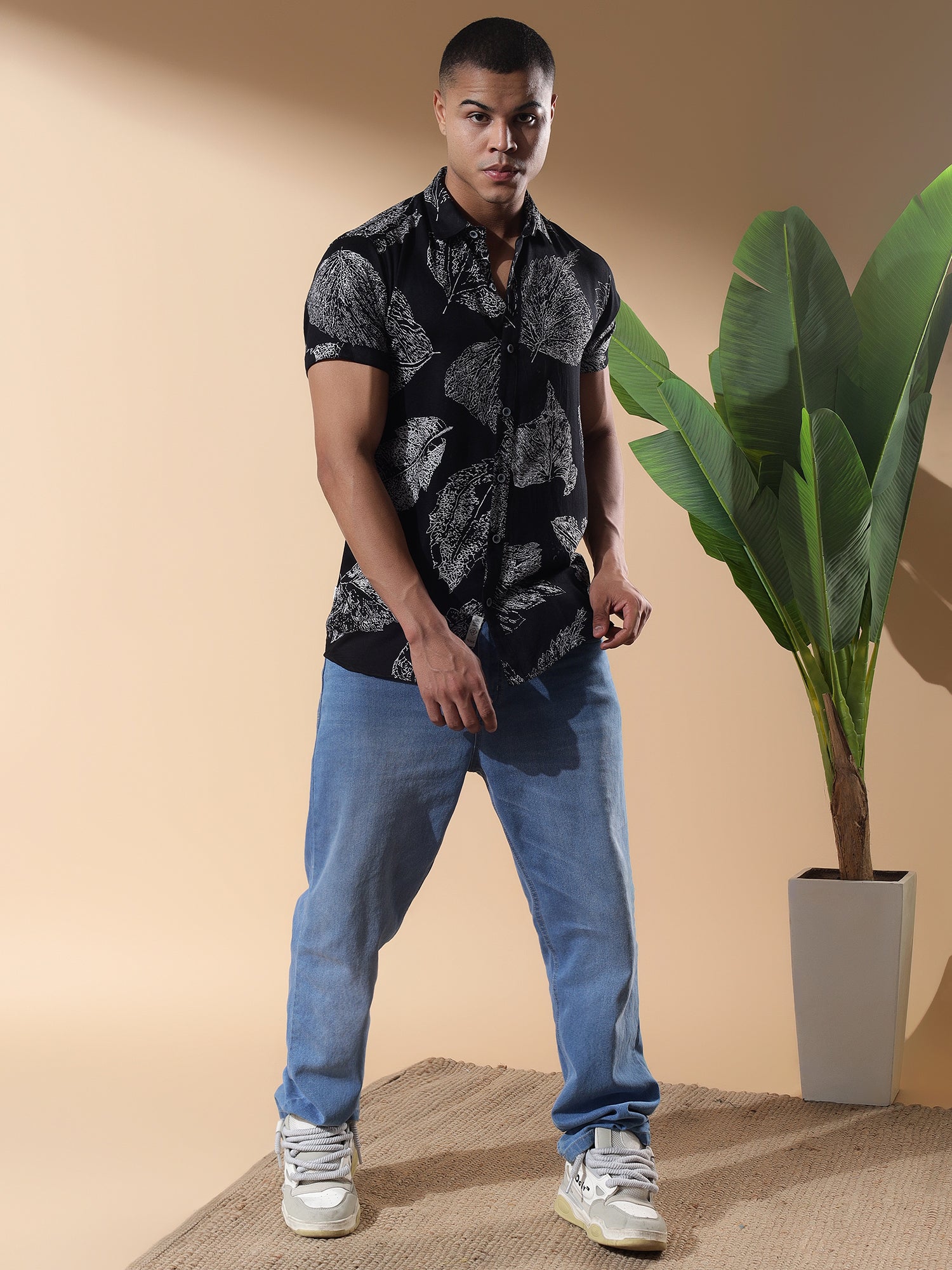 Black Half Casual Printed Cotton Shirt Regular Fit For Men