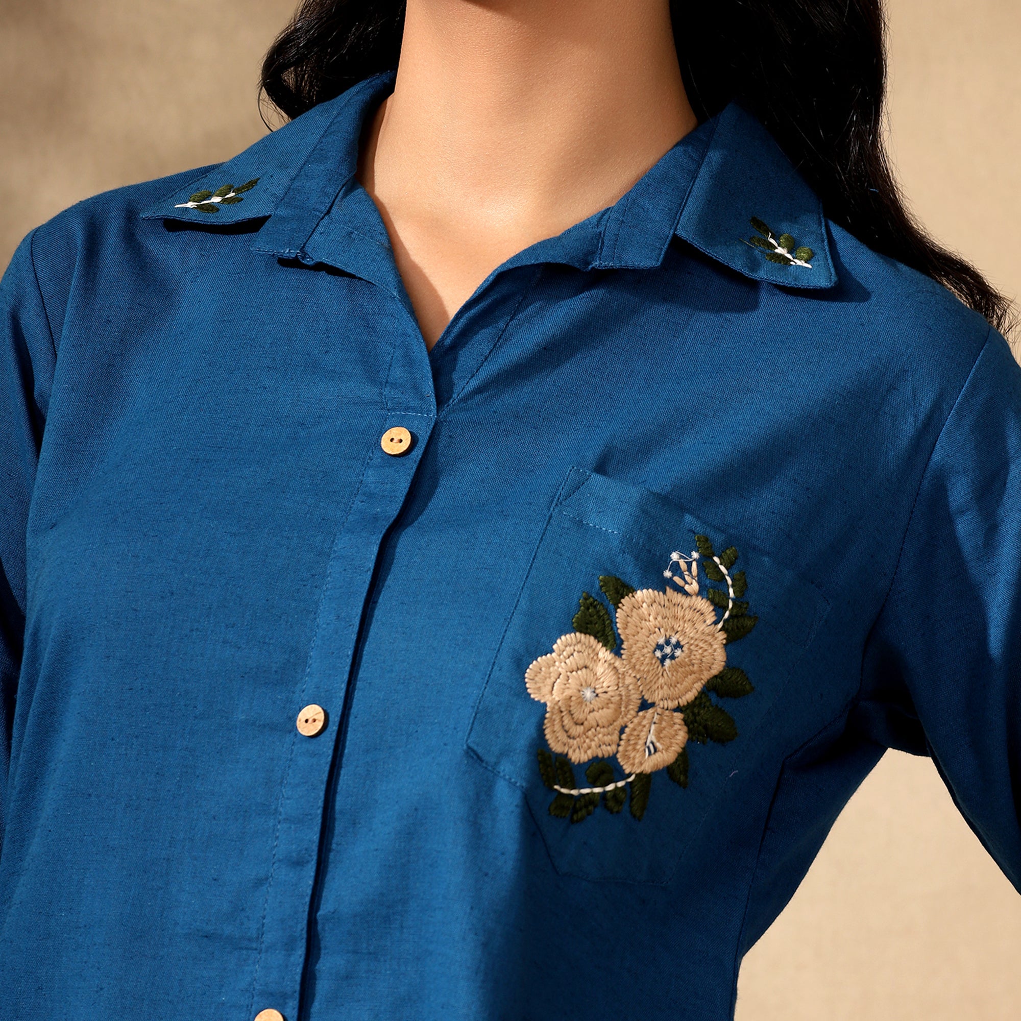 FLORAL EMBROIDERED COTTON CORD SET FOR WOMEN | SHIRT-PANT FUSION WEAR | BLUE