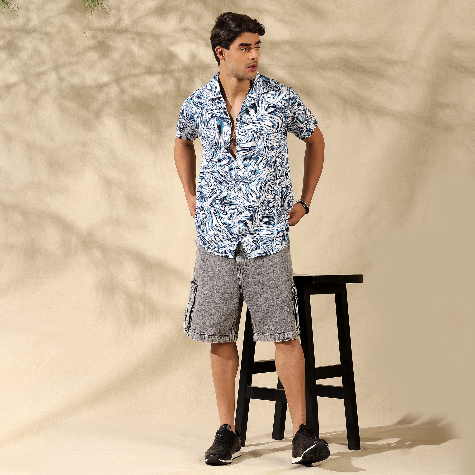 BLUE HALF CASUAL PRINTED COTTON SHIRT REGULAR FIT FOR MEN