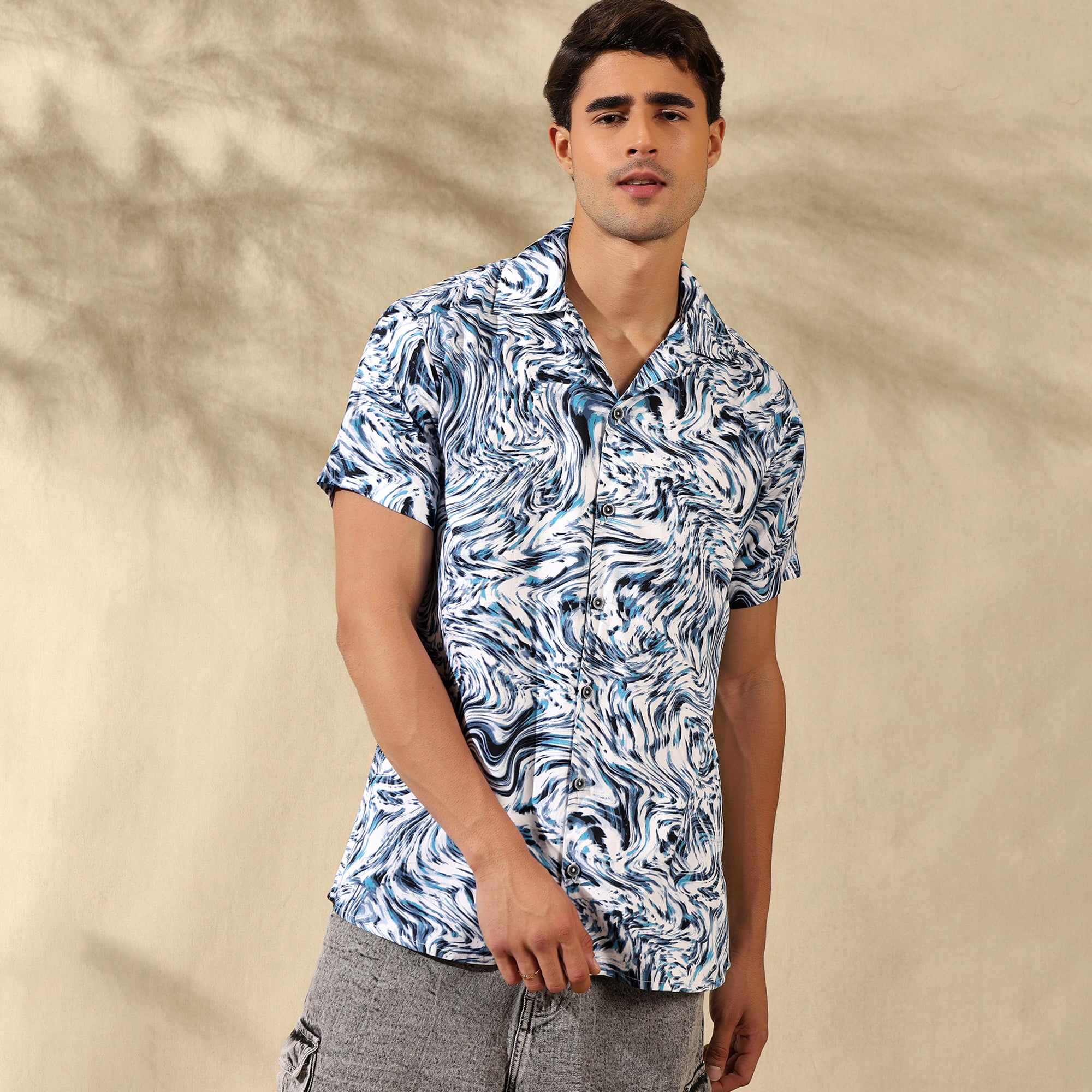 BLUE HALF CASUAL PRINTED COTTON SHIRT REGULAR FIT FOR MEN