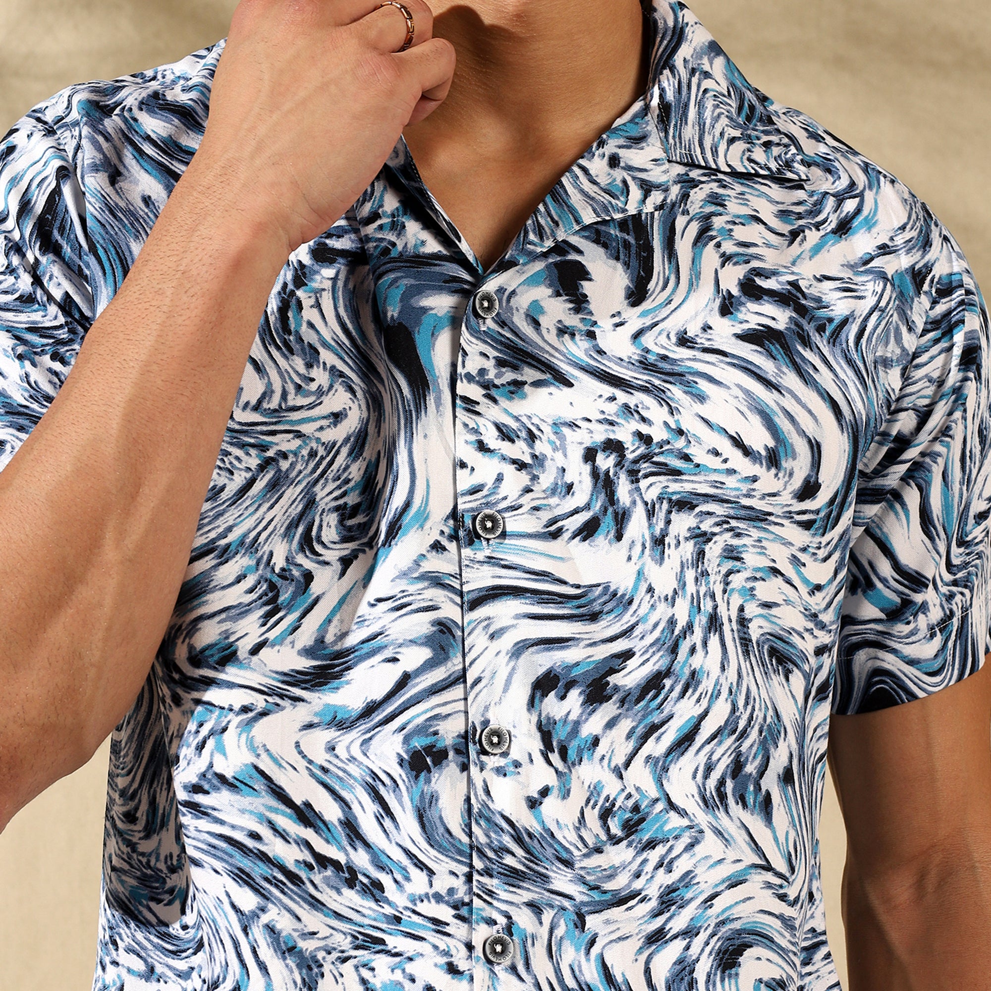 BLUE HALF CASUAL PRINTED COTTON SHIRT REGULAR FIT FOR MEN