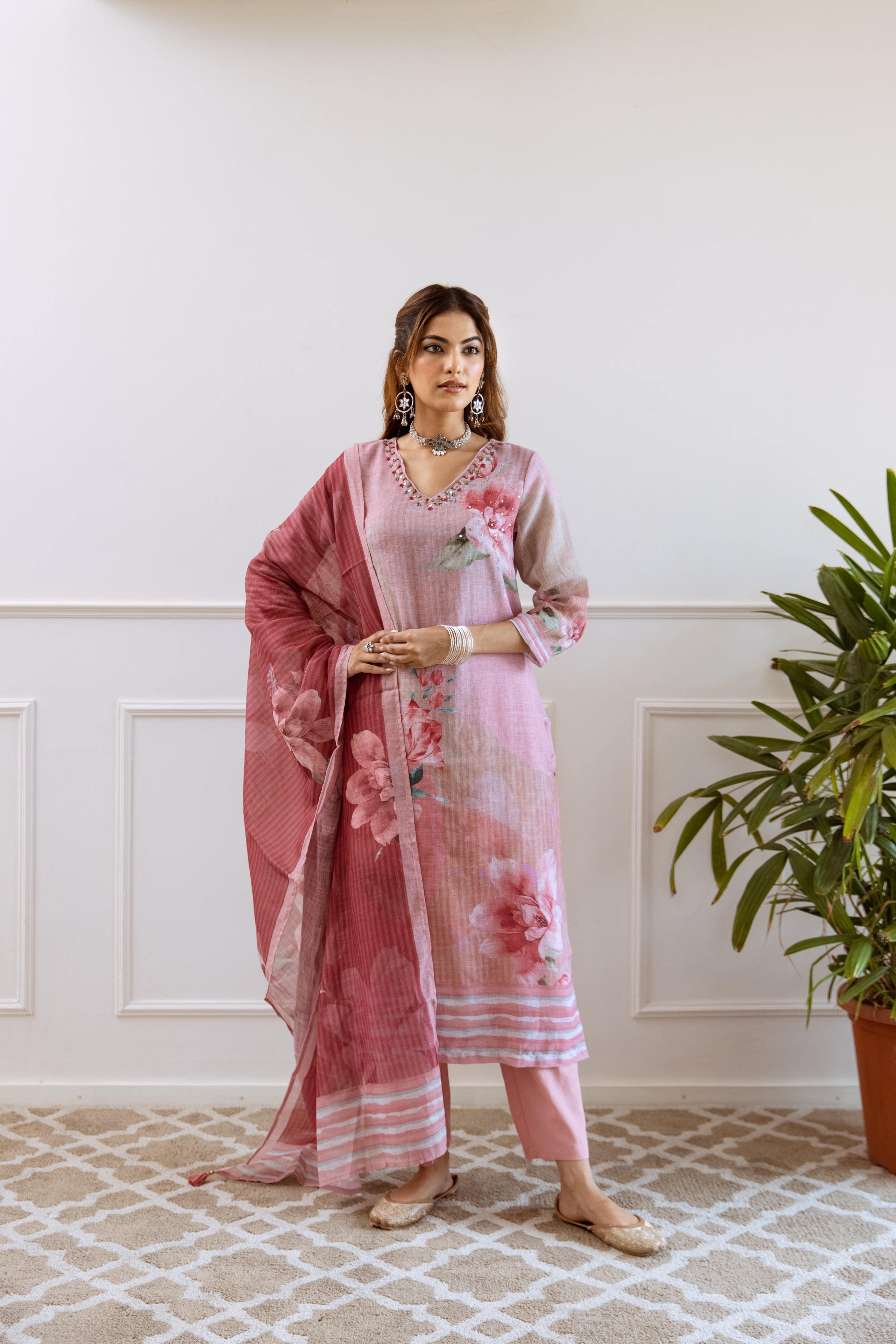 FLORAL PRINTED LINEN STRAIGHT KURTA SET WITH DUPATTA | THREE-PIECE ETHNIC WEAR FOR WOMEN | PLUS SIZE AVAILABLE-Rose Pink