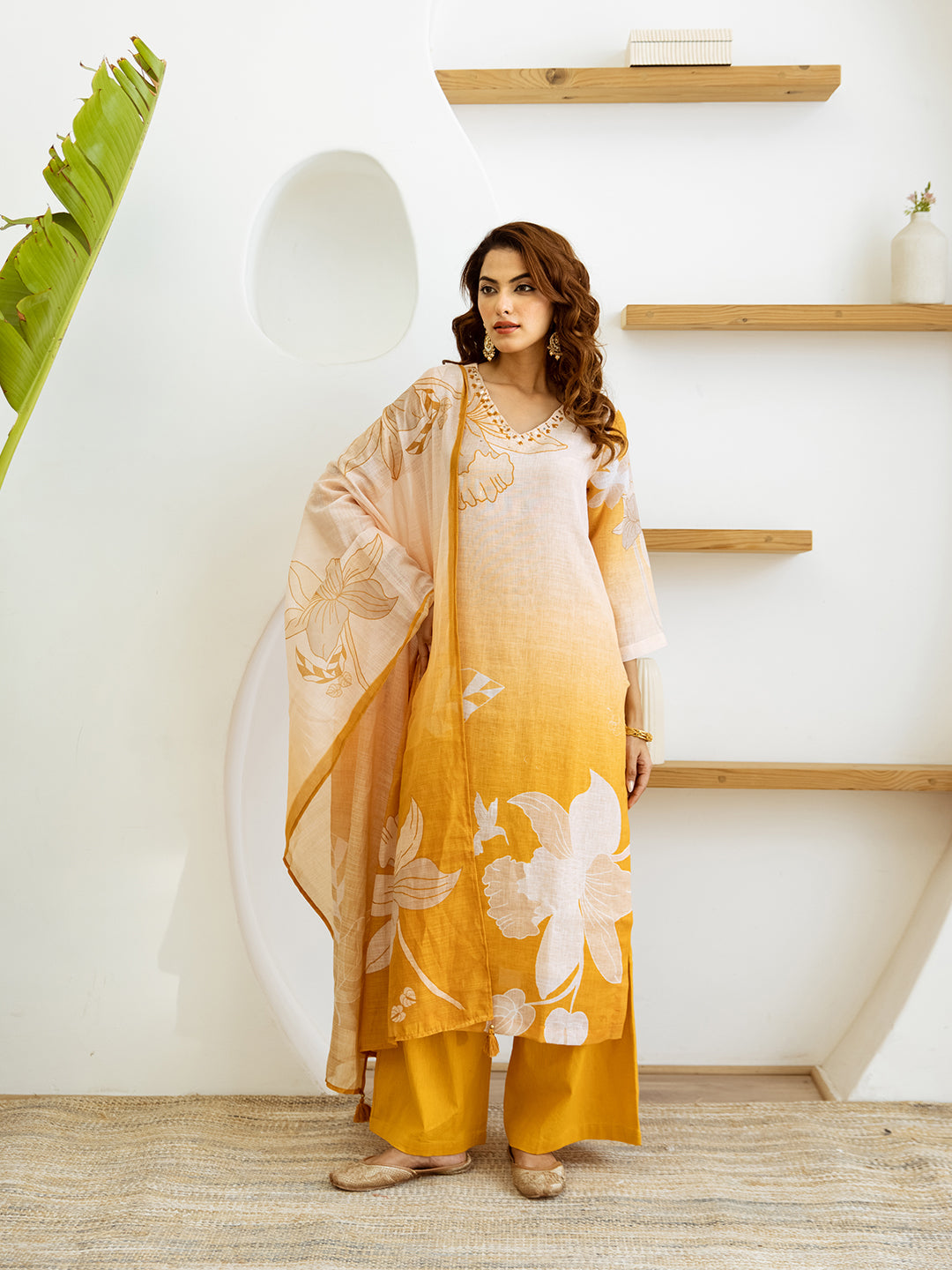 FLORAL PRINTED LINEN STRAIGHT KURTA SET WITH DUPATTA | THREE-PIECE ETHNIC WEAR FOR WOMEN | PLUS SIZE AVAILABLE-Yellow