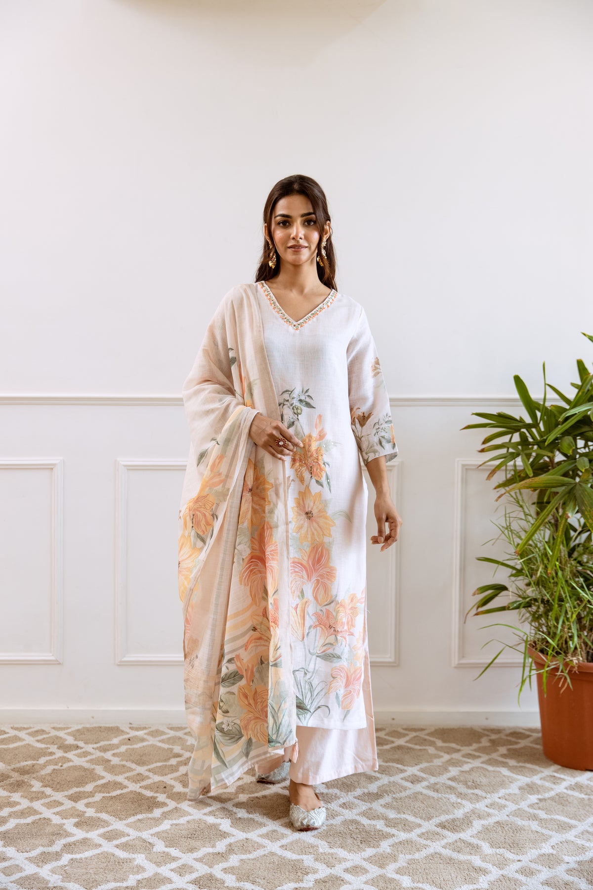 FLORAL PRINTED LINEN STRAIGHT KURTA SET WITH DUPATTA | THREE-PIECE ETHNIC WEAR FOR WOMEN | PLUS SIZE AVAILABLE-Cream