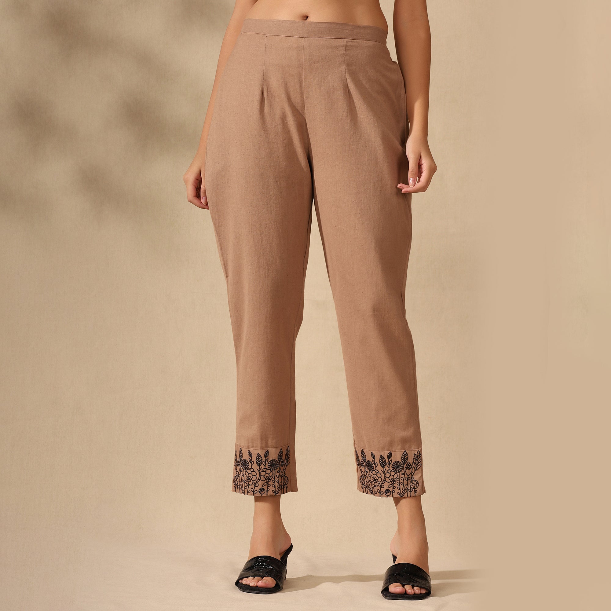 BOTANICAL EMBROIDERED COTTON CORD SET FOR WOMEN | KURTI AND PANTS COORDINATED SET | BEIGE