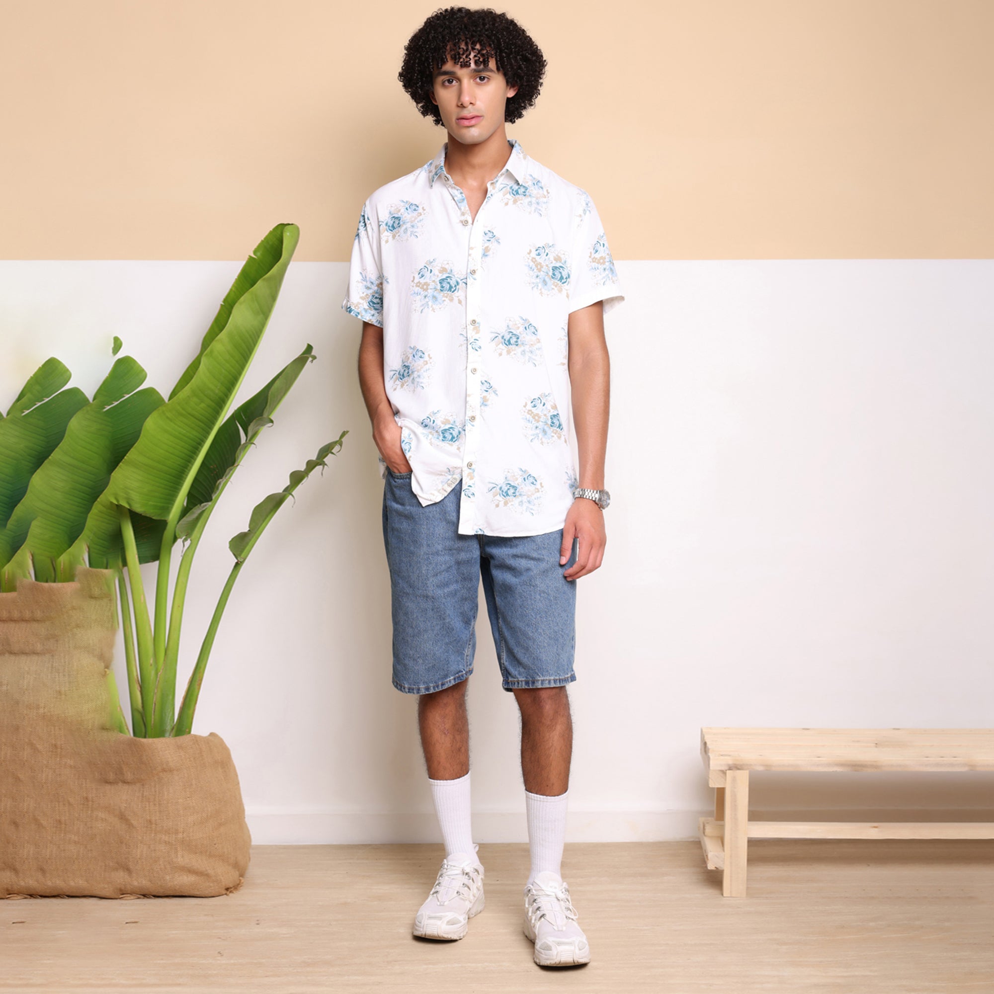 Blue Half Casual Printed Cotton Shirt Regular Fit For Men