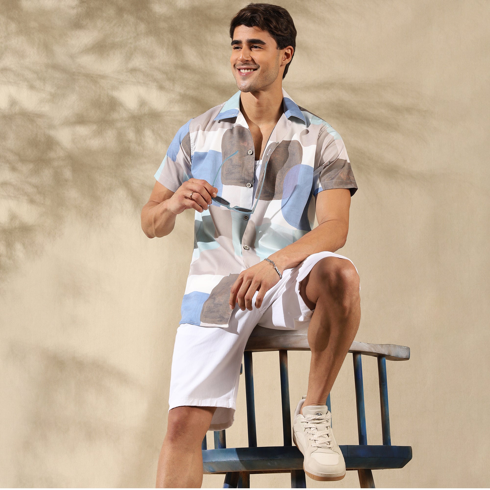 BLUE WHITE HALF CASUAL PRINTED COTTON SHIRT REGULAR FIT FOR MEN